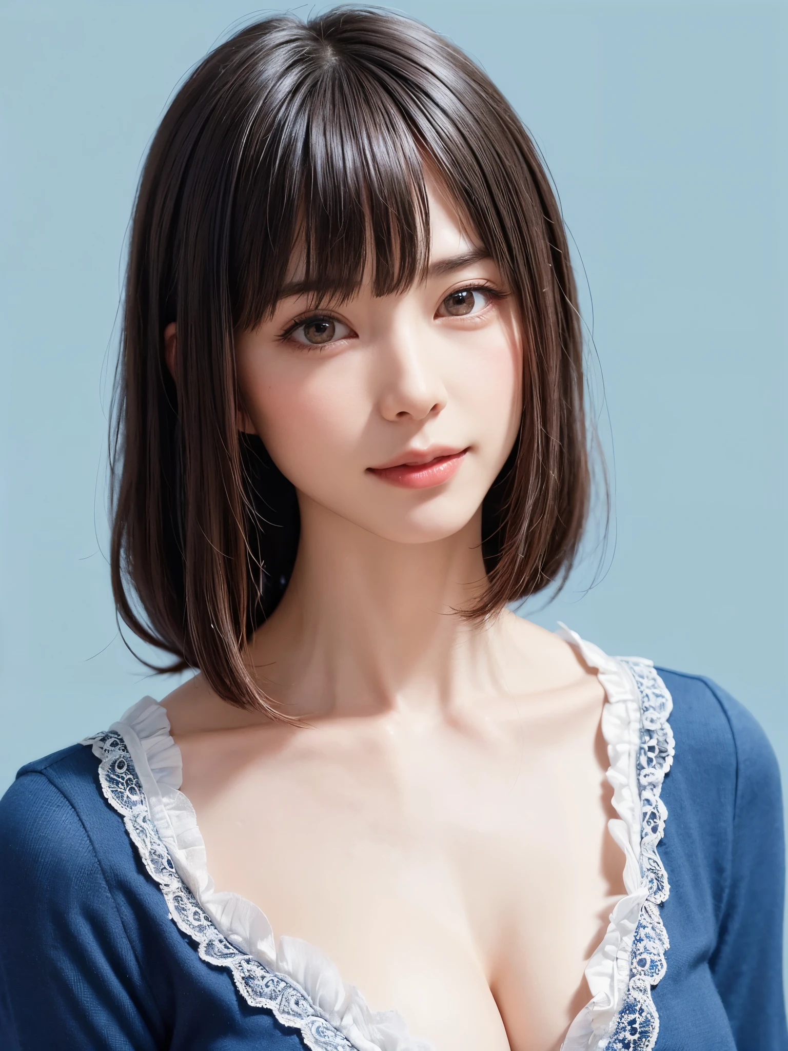 (masterpiece, highest quality),1 girl, alone, scarf, have, realistic, realistic, looking at the viewer, light colored black eyes, Brunette short bob hair with highly detailed shiny hair, Winter clothes, Whity, lips, bangs, outdoor, closed mouth, Upper body、Big eyes、eyelash、((There'There'There'There'There'There'There'、Very simple blue background:1.8))、(((bangsのあるショートヘア、Big eyes、big and full chest、look at the audience、beautiful beauty、show me your ears、long neck、smile、please close your mouth and smile)))、ideal body proportions、(Tree-lined avenues in the winter wilderness of England)、{Huge|big|Hugeな|mega} chest, cleavage