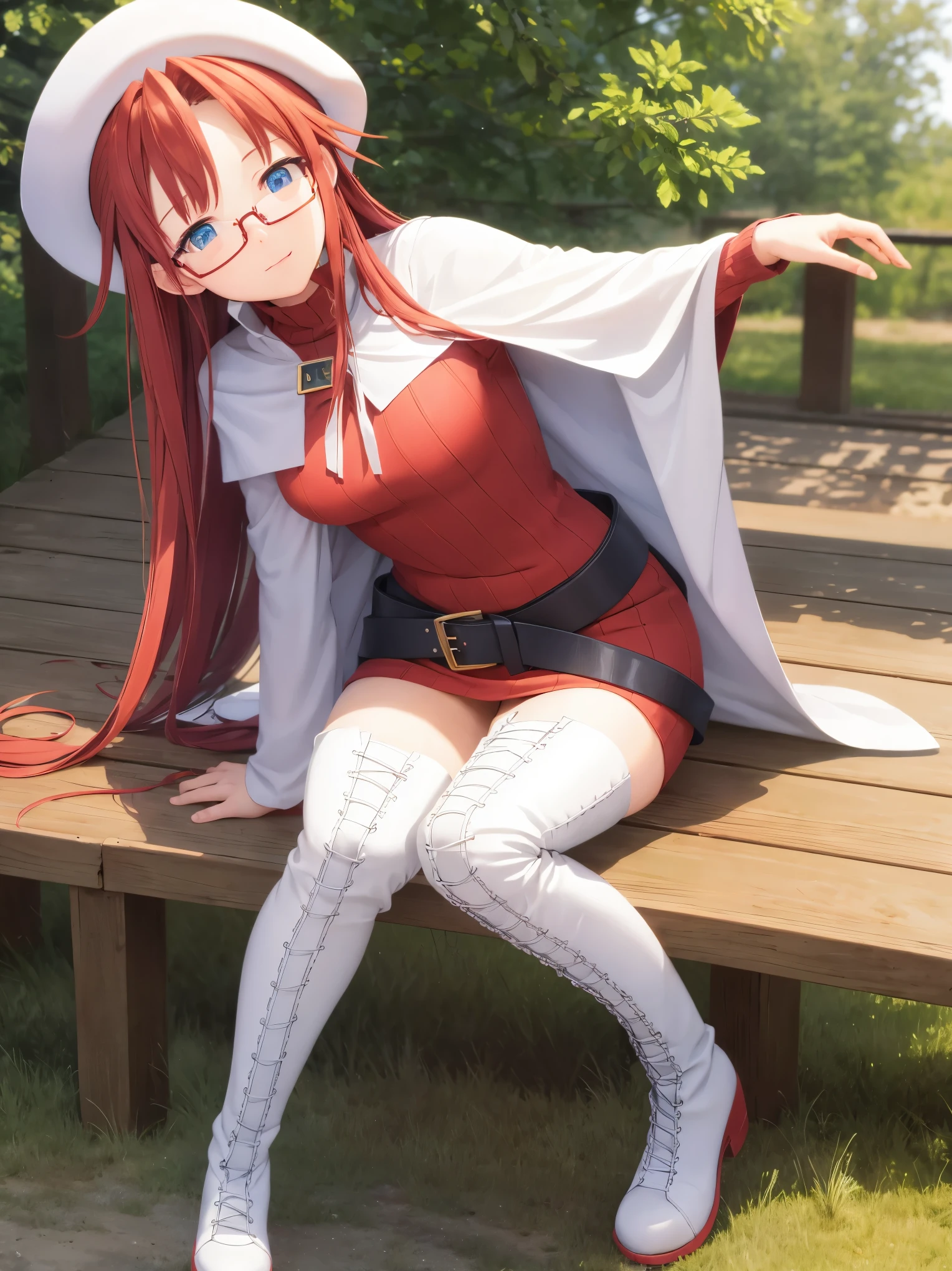 summonnightaty, aty, long hair, blue eyes, red hair, beret, hat, glasses,
BREAK long hair, thighhighs, hat, dress, boots, glasses, belt, cape, sweater, zettai ryouiki, beret, thigh boots, white footwear, ribbed sweater, loose belt,solo,
BREAK outdoors, fantasy_town,
BREAK (masterpiece:1.2), best quality, high resolution, unity 8k wallpaper, (illustration:0.8), (beautiful detailed eyes:1.6), extremely detailed face, perfect lighting, extremely detailed CG, (perfect hands, perfect anatomy),covered_nipples,covered_navel,light_smile ,(half_eyes:1.4),sword,armpit,sleepy,sitting_on_the_barrel,barrel,red_sweater,apart_legs,