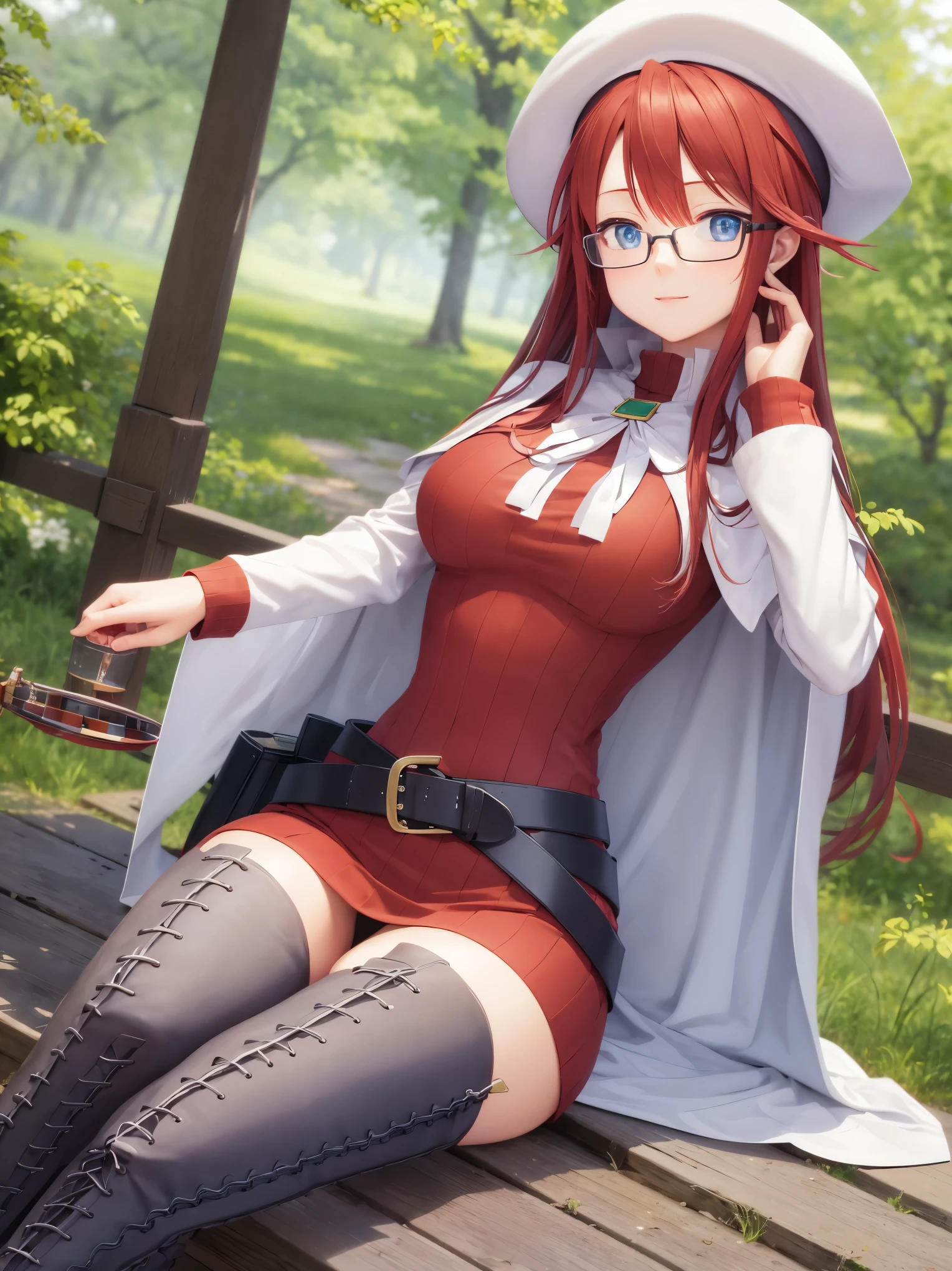 summonnightaty, aty, long hair, blue eyes, red hair, beret, hat, glasses,
BREAK long hair, thighhighs, hat, dress, boots, glasses, belt, cape, sweater, zettai ryouiki, beret, thigh boots, white footwear, ribbed sweater, loose belt,solo,
BREAK outdoors, fantasy_town,
BREAK (masterpiece:1.2), best quality, high resolution, unity 8k wallpaper, (illustration:0.8), (beautiful detailed eyes:1.6), extremely detailed face, perfect lighting, extremely detailed CG, (perfect hands, perfect anatomy),covered_nipples,covered_navel,light_smile ,(half_eyes:1.4),sword,armpit,sleepy,sitting_on_the_barrel,barrel,red_sweater,apart_legs,