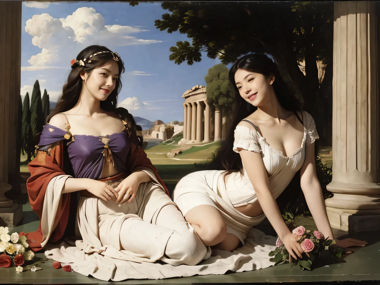 full body portrait or statue、Giorgione painting style,Arguments of two female Philosophe,math、astronomical machine、astronaut、roses in vase、fruits、Cute trinkets、smile、ancient greek costume、Ancient Roman landscape in the style of Nicolas Poussin,laughter,,Sweet and seductive appearance.、Caravaggio's paintings、Chiaroscuro of Caravaggio、hair tousled by the wind,Two women frolicking,cute smile, expression of ecstasy,Sexy,erotic