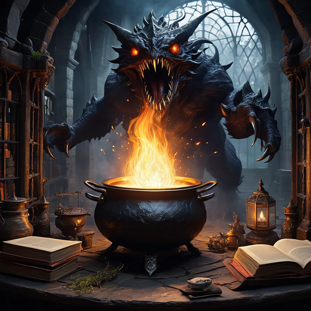 (best quality:1.2,ultra-detailed,realistic:1.37),monster,behemoth,demonic presence,magic,levitating cookbook,central eye, enormous eye,sinister,cauldron,fire,adventurers,caged,Dungeons&Dragons,menacing,shadowy,restrained,magical aura,creepy atmosphere,ominous,spellbound,mystical,enchanted,spell-casting,monstrous,dark fantasy,dimly lit,struggling,wizardry,unearthly,hovering,menacing presence,enchanting recipe,sorcery,spells,conjured,terrifying magics,runic symbols,mythical,mysterious,unleashing power