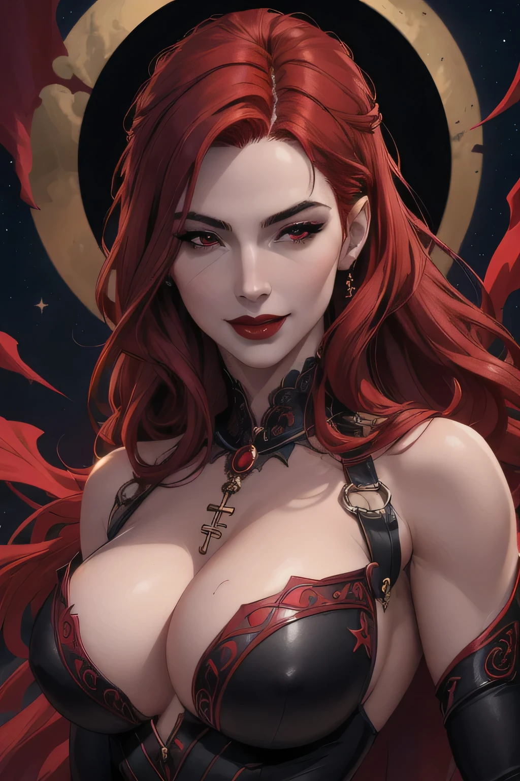 portrait shot, european woman, ((vivid red hair)), mature woman, 30 years old, diamond face, medium breast, moonlight, red starry sky background, depth of field, magic, big red lips, ((dark black eyes)) (Detailed beautiful eyes) red long and full dress, covered chest, mystical atmosphere, ominous shadows, Intense blue aura, Intense red aura (best quality:1.2), absurdres, intricate details, (highly detailed skin:1.2), smile expression, posing, taut and well defined body, attractive. Highly realistic, pale skin, beautiful, hyperrealism, skin very elaborated, direct gaze AB JLEE3, Complex facial details for all characters, Expressive eyes and nose and mouth, unzoom, author:Jim Lee Right Section Centered, Key, Visual, Complex, Highly Detailed, Breathtaking, Precise Line Art, Vibrant Panorama Film