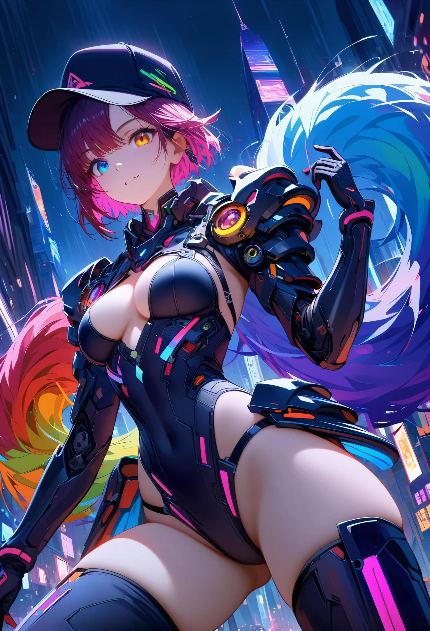 {{​Masterpiece,best work}}, top quality, Ultra-detailed CG Unity,8k wallpaper, lens flare, (Detailed beautiful eyes),particle,Miss,Berry short hair,cool face,((Colorful mechanical wool)),rainbow eyes,heterochromia iridis,Big deal,黑紫色Body,Inorganic black headwear,(Perfect Body),cyberpunk,Inorganic decoration,Body,cable,low angle,Whole BodyEsbian,a sexy,high heels boots,night city,rain,Eyes looking down,perfect hands.
