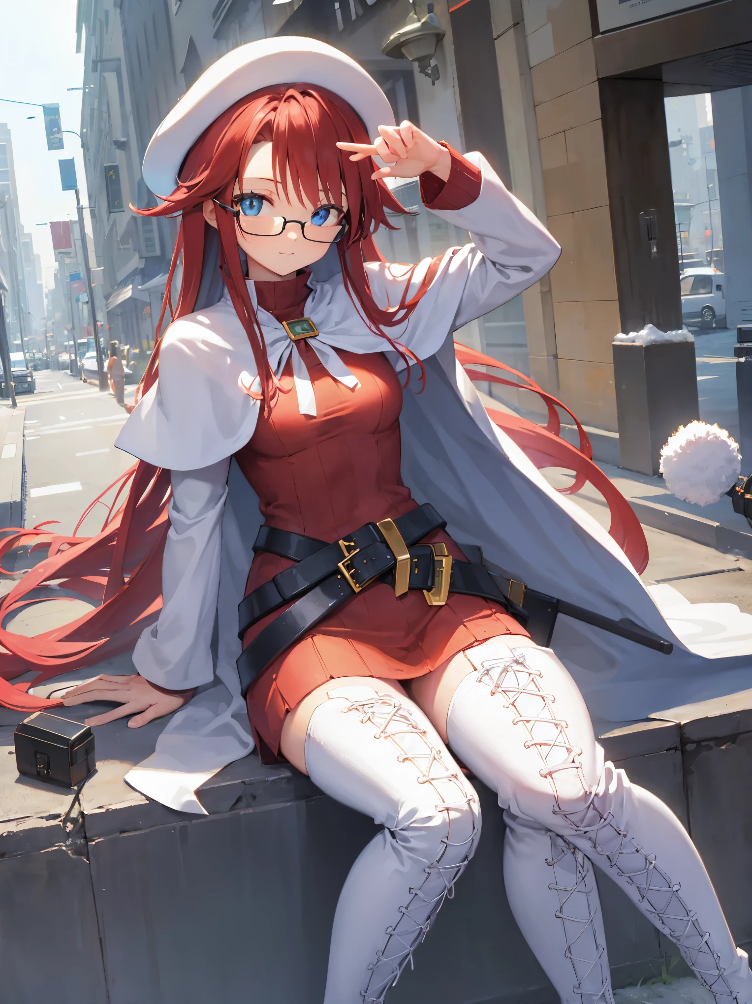 summonnightaty, aty, long hair, blue eyes, red hair, beret, hat, glasses,
BREAK long hair, thighhighs, hat, dress, boots, glasses, belt, cape, sweater, zettai ryouiki, beret, thigh boots, white footwear, ribbed sweater, loose belt,solo,
BREAK outdoors, fantasy_town,
BREAK (masterpiece:1.2), best quality, high resolution, unity 8k wallpaper, (illustration:0.8), (beautiful detailed eyes:1.6), extremely detailed face, perfect lighting, extremely detailed CG, (perfect hands, perfect anatomy),covered_nipples,covered_navel,light_smile ,(half_eyes:1.4),sword,armpit,sleepy,sitting_on_the_barrel,barrel,red_sweater,apart_legs,