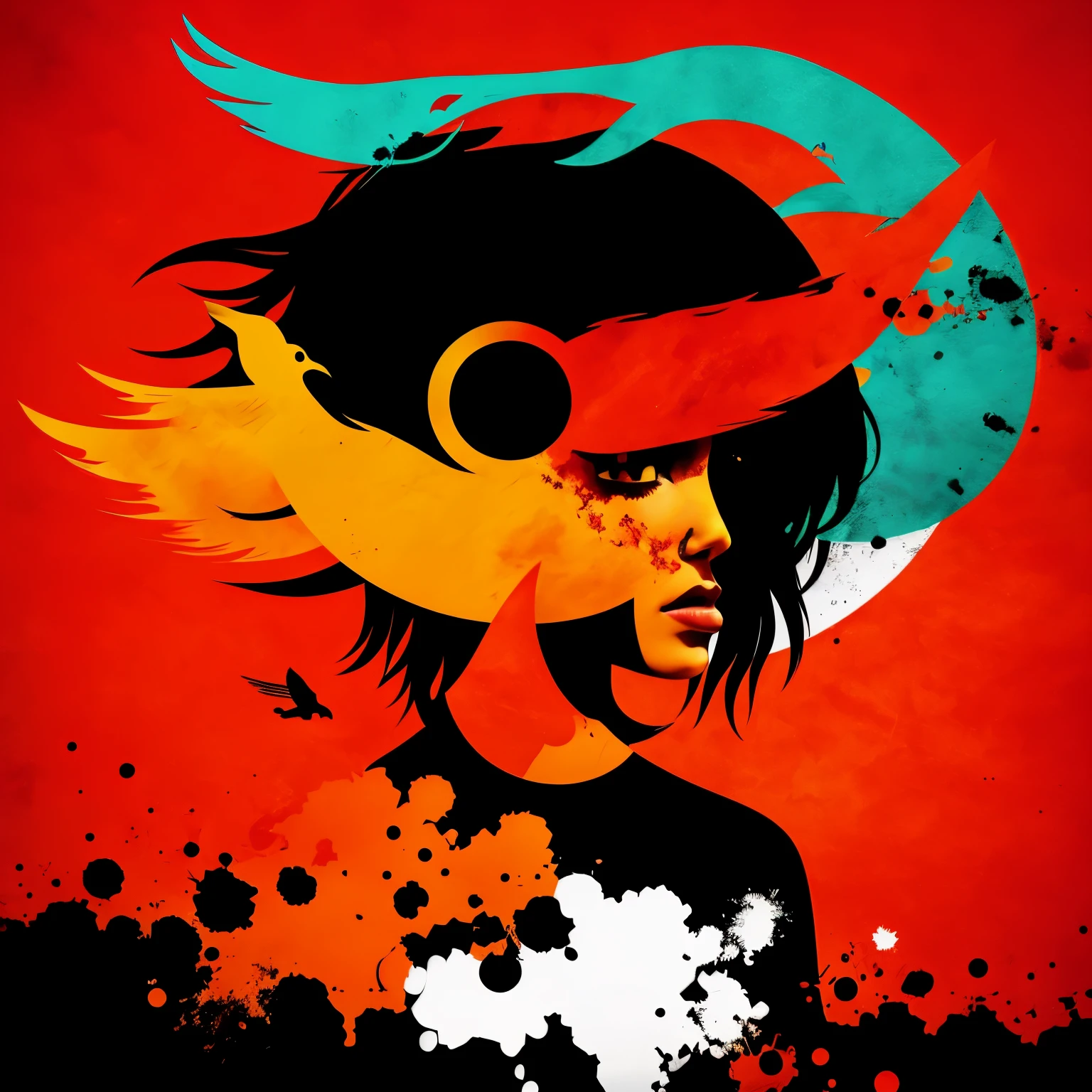 album cover red and orange abstract a girl with indonesian flag and a bird in the sky