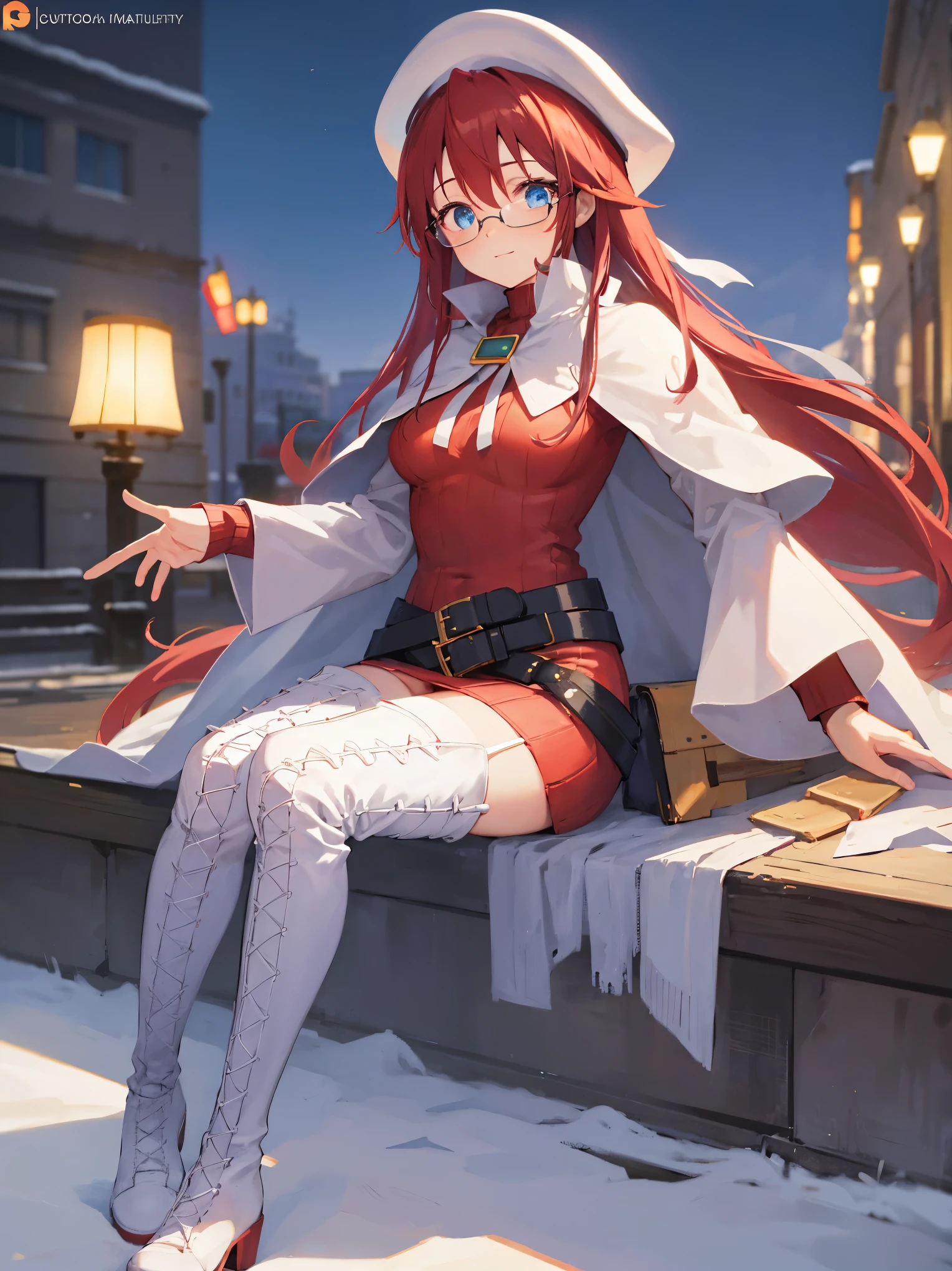 summonnightaty, aty, long hair, blue eyes, red hair, beret, hat, glasses,
BREAK long hair, thighhighs, hat, dress, boots, glasses, belt, cape, sweater, zettai ryouiki, beret, thigh boots, white footwear, ribbed sweater, loose belt,solo,
BREAK outdoors, fantasy_town,
BREAK (masterpiece:1.2), best quality, high resolution, unity 8k wallpaper, (illustration:0.8), (beautiful detailed eyes:1.6), extremely detailed face, perfect lighting, extremely detailed CG, (perfect hands, perfect anatomy),covered_nipples,covered_navel,light_smile ,(half_eyes:1.4),sword,armpit,sleepy,sitting_on_the_barrel,barrel,red_sweater,apart_legs,