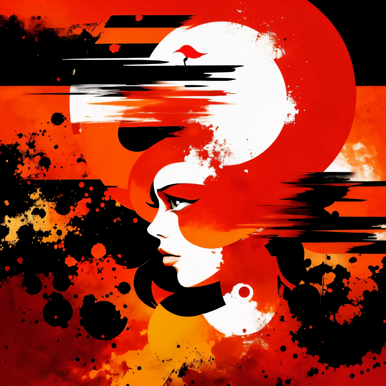 album cover red and orange abstract a girl with indonesian flag and a bird in the sky