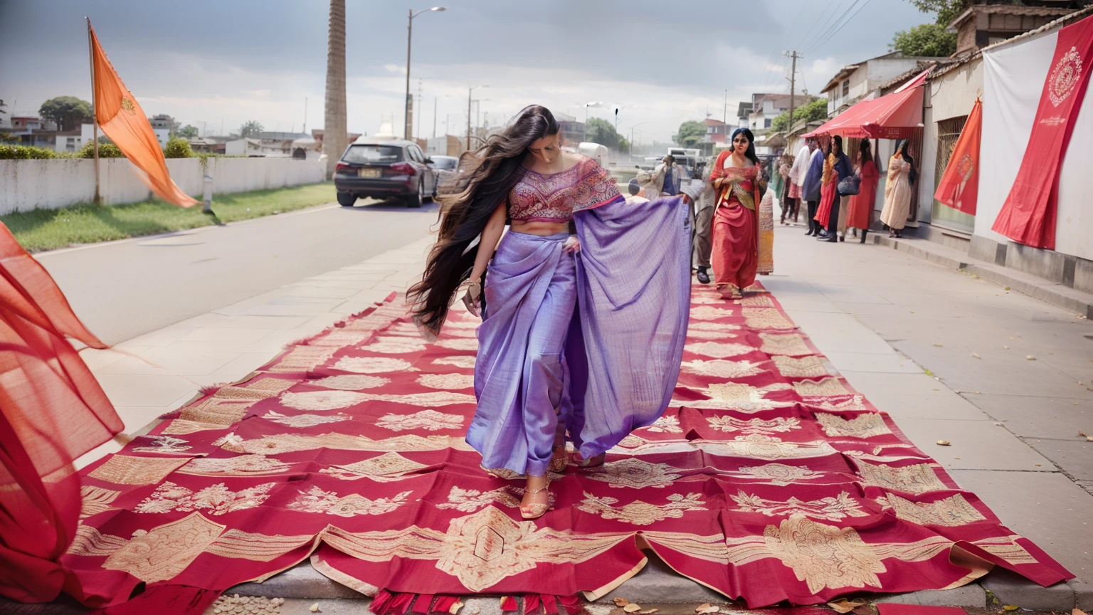 there is a woman in a purple sari walking down a red carpet, wearing bihu dress mekhela sador, wearing sari, wearing a sari, dressed in a sari, candid picture, wearing jedi robes and a sari, dressed with long fluent clothes, background is heavenly, wearing traditional garb, assamese aesthetic, dressed in long fluent skirt