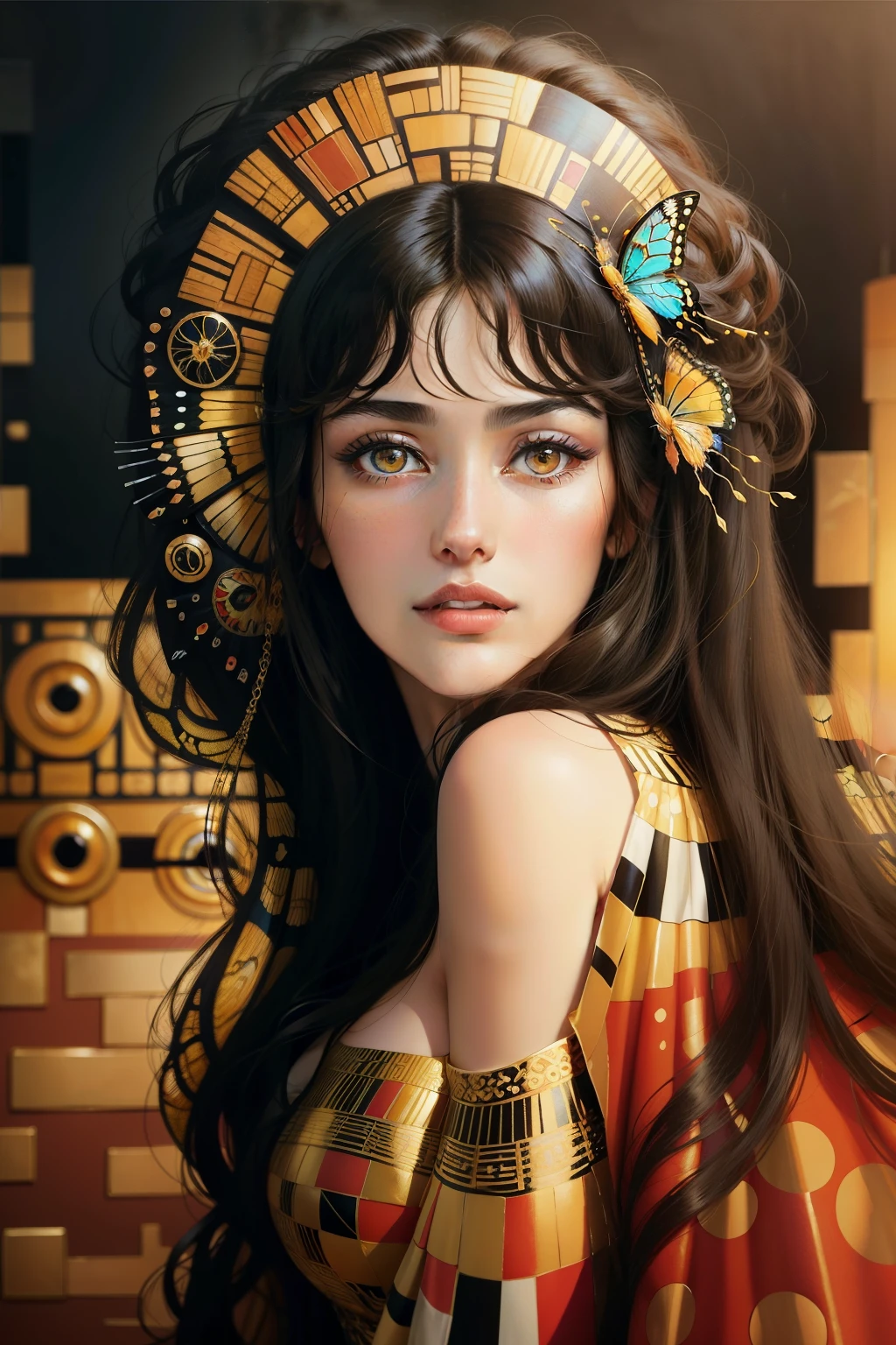 Gustav Klimt painted his new famous artwork of Monica Bellucci (with straight hair) and her beautiful sister, she is very beautiful, the background is colorful with gold intricately detailed colorful single butterfly - watercolor art