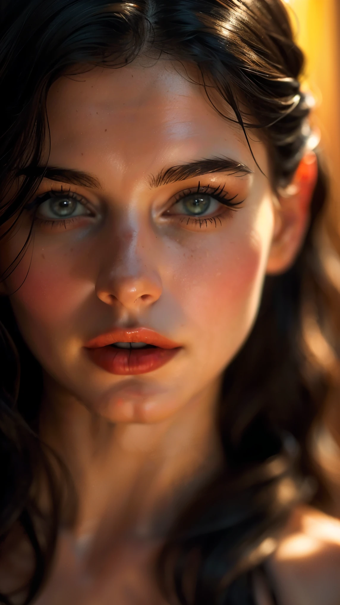 (((ultra realistic))) Photo, masterpiece, top quality, (pale skin), (Ultra detailed face and eyes:1.3), 1 girl, naked ((Eye makeup, mascara)), ((large detailed lips)), ((Dark wavy hair)), ((Stylish hairstyle)) , (Heavy breasts). ((Posing)), photoshoot, (contour) Lighting, (The play of light and shadows), depth of field, bokeh, (special attention to skin detail: 1.2), Detailed leather texture, skin pores. (Warm atmosphere of the frame. color scheme - black, Yellow, Red, orange tones), UDR, ((Film grain)), rays, (Glare), ((Photo to the waist)) , ultra detialed,