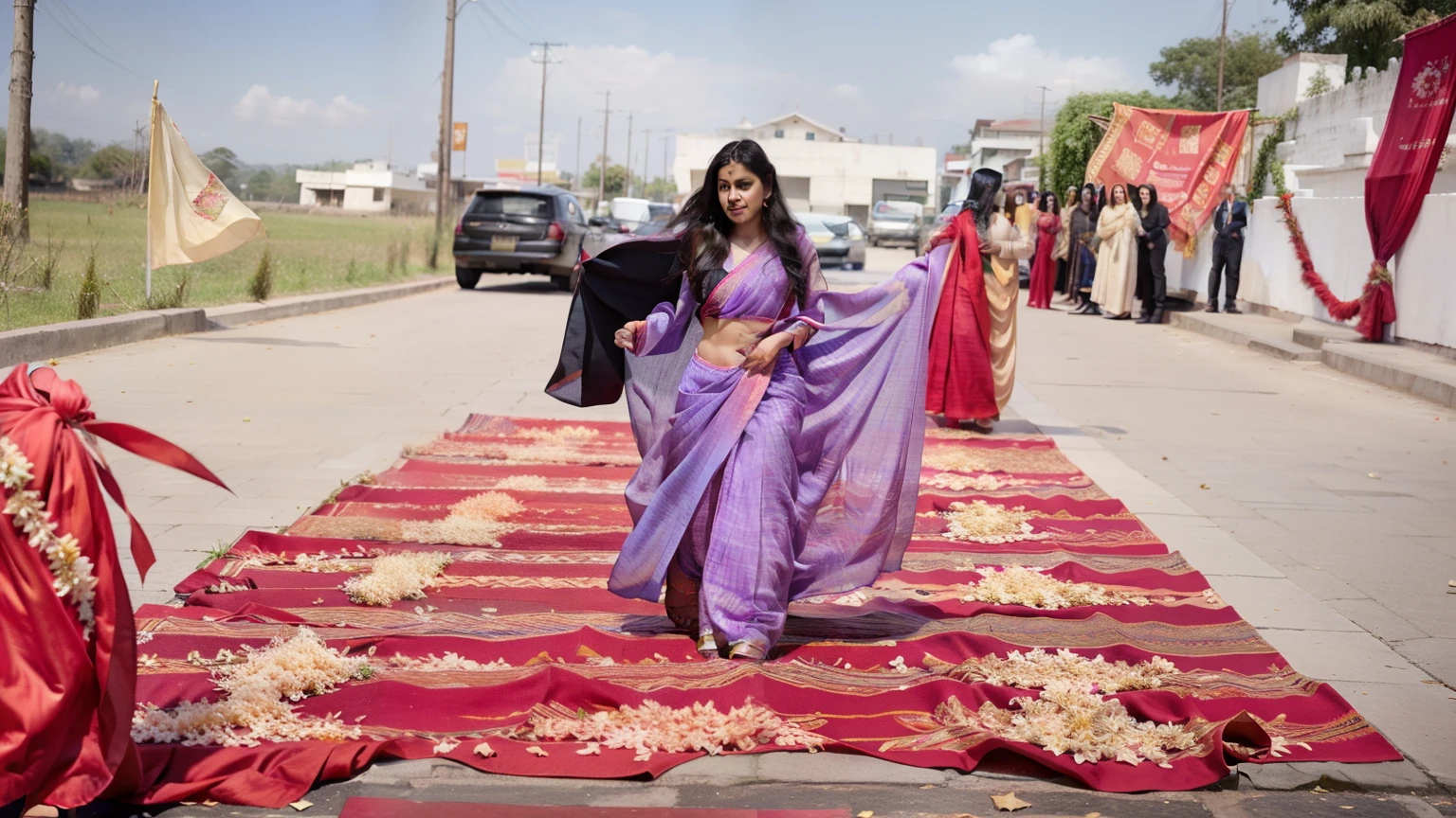 there is a woman in a purple sari walking down a red carpet, wearing bihu dress mekhela sador, wearing sari, wearing a sari, dressed in a sari, candid picture, wearing jedi robes and a sari, dressed with long fluent clothes, background is heavenly, wearing traditional garb, assamese aesthetic, dressed in long fluent skirt