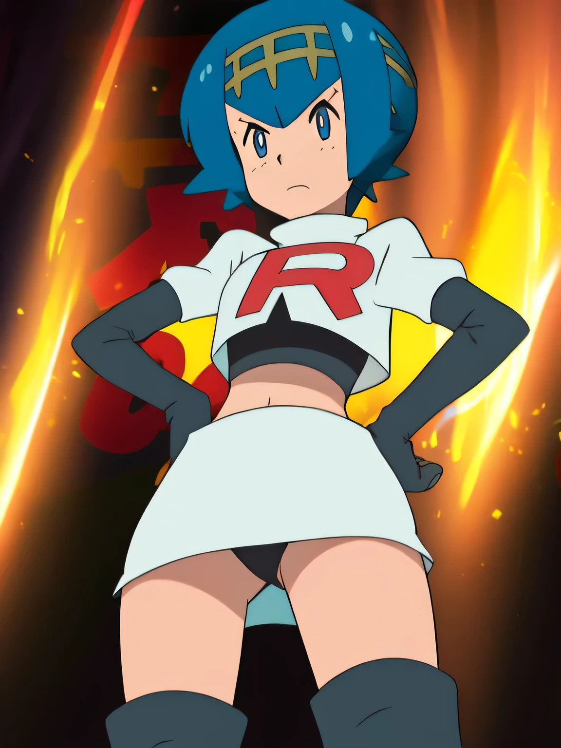8k, masterpiece,highres, team rocket uniform, red letter r, white skirt,white crop top,black thigh-high boots, black elbow gloves, glaring angrily, looking down at viewer, hands on hips, cowboy shot, zettai ryouiki,from below, black panties,anime style, vivid colors, sharp focus, intense lighting,pkmnLana