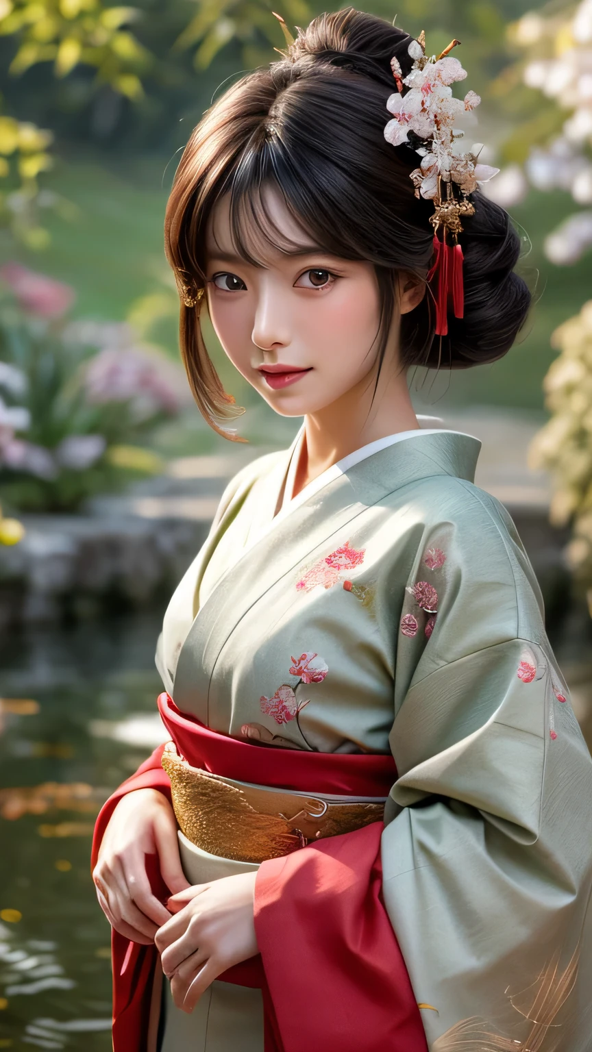 ff7 aerith, futuristic scene, Mechanically enhanced Japanese geisha、Elegant in an elaborate garden. She has beautifully detailed eyes and lips that complement her face. Geishas wear traditional kimonos with intricate patterns and designs.。.。.Gold and silver kimono。.。14 year old girl.. Around her are bright cherry blossoms and a quiet carp pond. The scenes are drawn using a combination of illustration and photorealism, cherry blossoms吹雪,Highly detailed brush strokes and sharpness, bright colors. Lighting that highlights the graceful figure of a geisha, Gives skin a soft, porcelain glow。. Artwork is of the highest quality, Displaying the exquisite details of geisha costumes, cherry blossoms, With sparkling carp scales. The overall color scheme is、、、、、traditional Japanese color combinations, crimson, hang on., With subtle gold accents, with a futuristic twist. Fusion of ancient tradition and modern technology、、Create mesmerizing and visually impressive masterpieces.The background is a traditional Japanese design in bright red and white.、random pose、I'laughter、Kimono with delicate pattern、stop pose