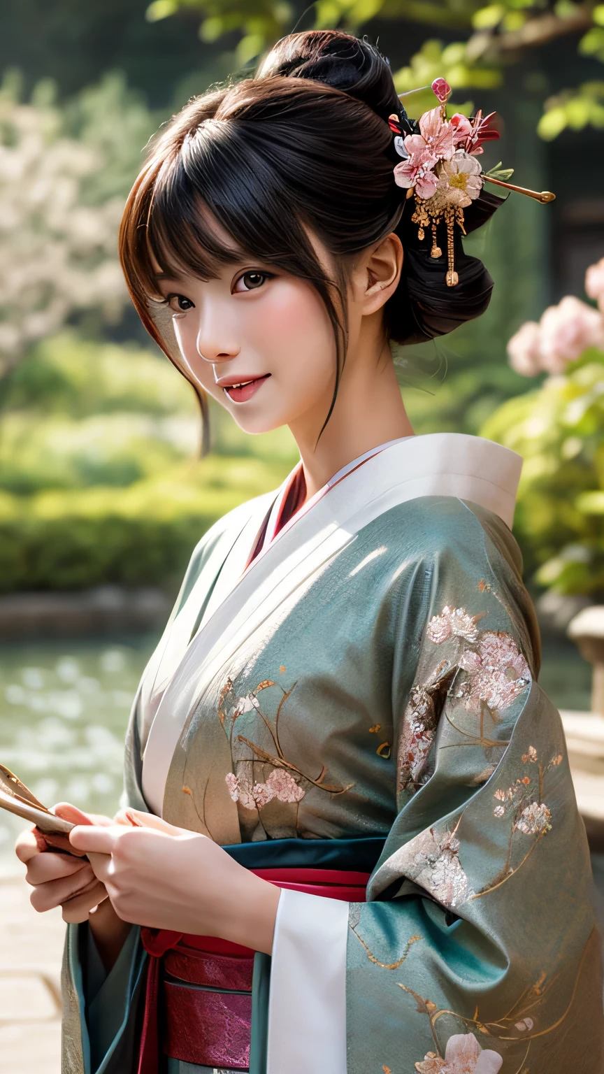 ff7 aerith, futuristic scene, Mechanically enhanced Japanese geisha、Elegant in an elaborate garden. She has beautifully detailed eyes and lips that complement her face. Geishas wear traditional kimonos with intricate patterns and designs.。.。.Gold and silver kimono。.。 girl.. Around her are bright cherry blossoms and a quiet carp pond. The scenes are drawn using a combination of illustration and photorealism, cherry blossoms吹雪,Highly detailed brush strokes and sharpness, bright colors. Lighting that highlights the graceful figure of a geisha, Gives skin a soft, porcelain glow。. Artwork is of the highest quality, Displaying the exquisite details of geisha costumes, cherry blossoms, With sparkling carp scales. The overall color scheme is、、、、、traditional Japanese color combinations, crimson, hang on., With subtle gold accents, with a futuristic twist. Fusion of ancient tradition and modern technology、、Create mesmerizing and visually impressive masterpieces.The background is a traditional Japanese design in bright red and white.、random pose、I'laughter、Kimono with delicate pattern、stop pose