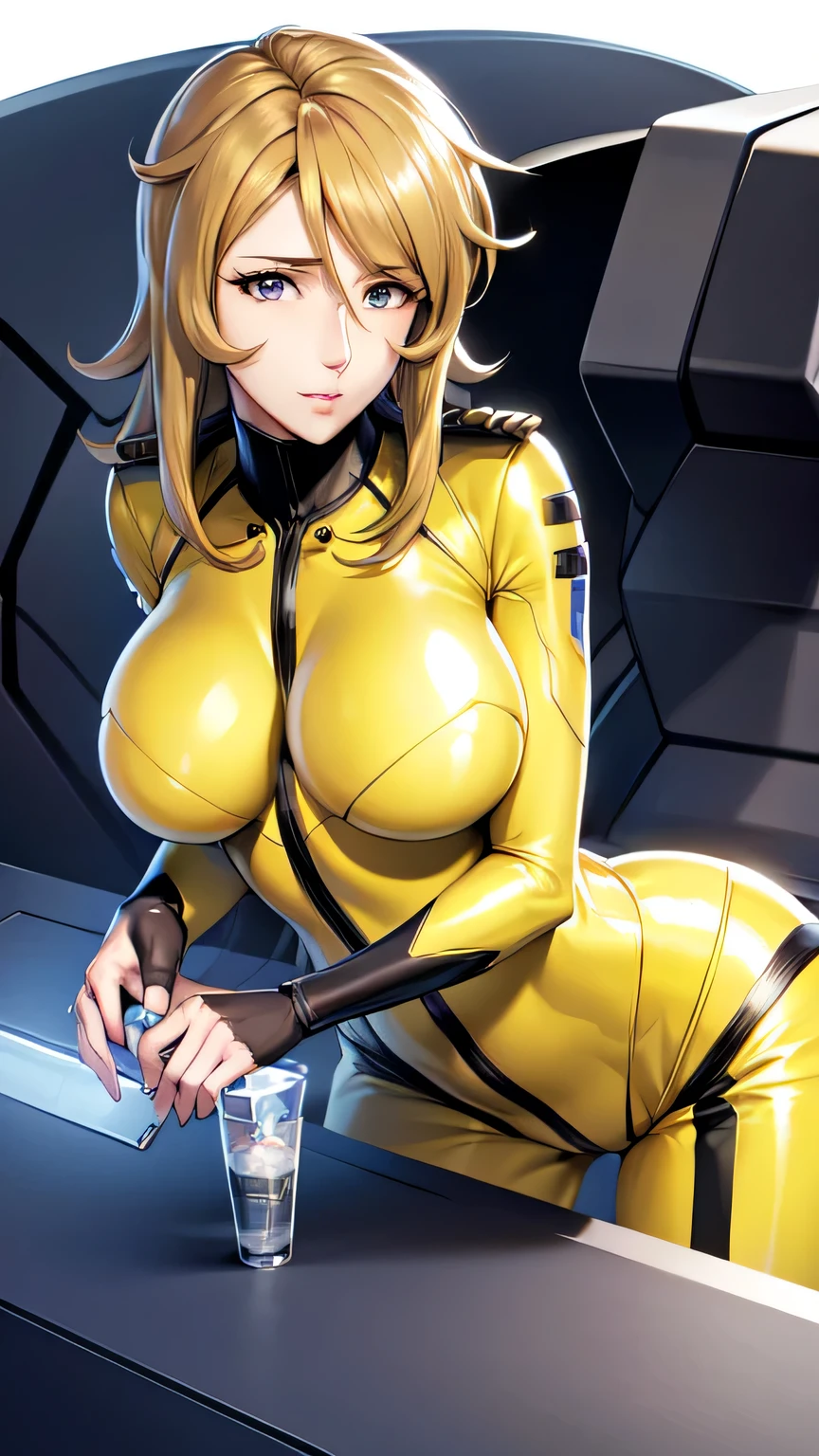 Milf, woman in a futuristic suit, highly detailed face, cool, mom, tomboy, very large breast, (Milf), mature face, (mature female), cybersuit, anime girl wearing tight suit, milfication, Elegant body, navel focus, naked body, gloves, earrings, science fiction, female protagonist, standing, volumetric light, detailed lighting, detailed textures, oppai cyberpunk, biomechanical oppai, masterpiece, best quality eyes, sci-fi background, futuristic landscape, low angle、yellow body suit