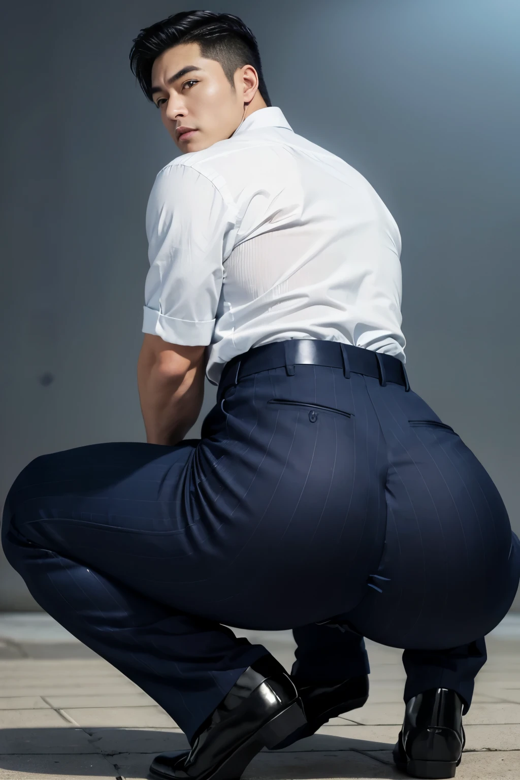 40-year-old boy ,Korean bulky male officer ,Wear navy blue police uniform shirt................ pinstripe navy blue smooth tight trouser, transparent pants obvious underwear print ,((unrealistic super big tight butt wearing pants)), white cum stain on the pants and shirt, turn back to look at the camera, squatting on the ground.
