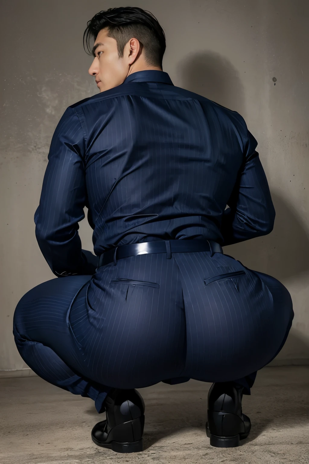 40-year-old boy ,Korean bulky male officer ,Wear navy blue police uniform shirt................ pinstripe navy blue smooth tight trouser, transparent pants obvious underwear print ,((unrealistic super big tight butt wearing pants)), white cum stain on the pants and shirt, turn back to look at the camera, squatting on the ground.
