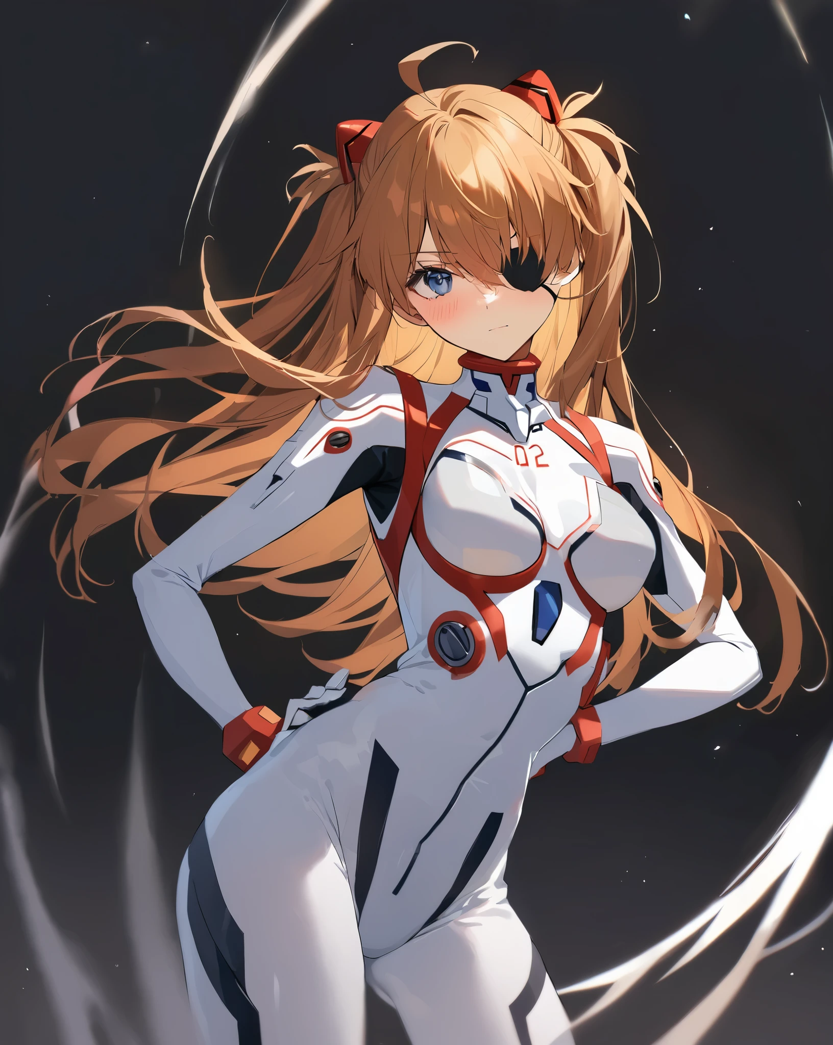 best quality, masterpiece, skin_tight, bodysuit, ahoge, ass_visible_through_thighs, eyepatch, hand_on_own_chest, evangelion:_3.0+1.0_thrice_upon_a_time, headgear, science_fiction, 1girl, rebuild_of_evangelion, cowboy_shot, pilot_suit, hair_ornament, solo, black_background, closed_mouth, standing, neon_genesis_evangelion, souryuu_asuka_langley, simple_background, looking_at_viewer, white_bodysuit, medium_breasts, hand_on_own_hip, two_side_up, plugsuit, blush, breasts