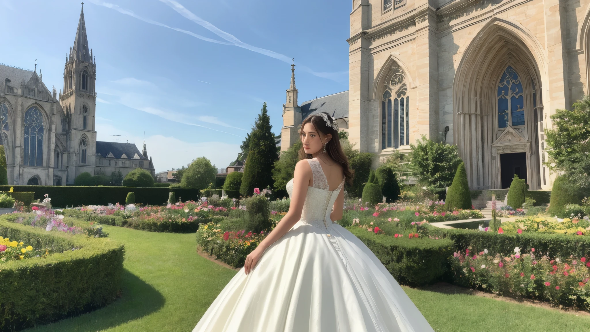 (highest quality, High resolution, masterpiece: 1.3), church, beautiful face, detailed face, beautiful sky, flower garden, Woman in prom dress, back view