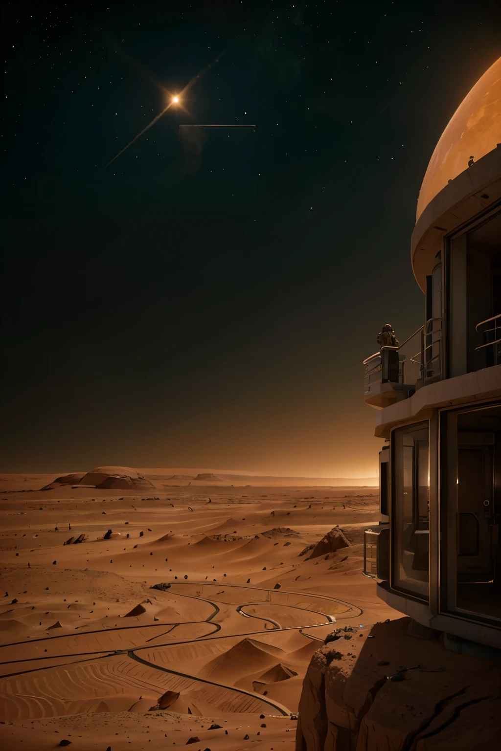 PROMPT: Subject: 4D rendering, hyper-realistic photography. Action: Illustrates a group of settlers from Ray Bradbury's "The Martian Chronicles," standing on the edge of a Martian plain, gazing towards a newly built Earth-Martian settlement. Subjects: 4D rack focus, hyper-realistic photography. Action: Illustrates two spacecraft from Earth, landing gear down, displaying digital flashing lights next to the settlement on the red, rocky surface of Mars. The buildings showcase a harmonious blend of Earth-style moldings and Martian-inspired architecture, reflecting the fusion of ancient and modern cultures. Martian dust, as