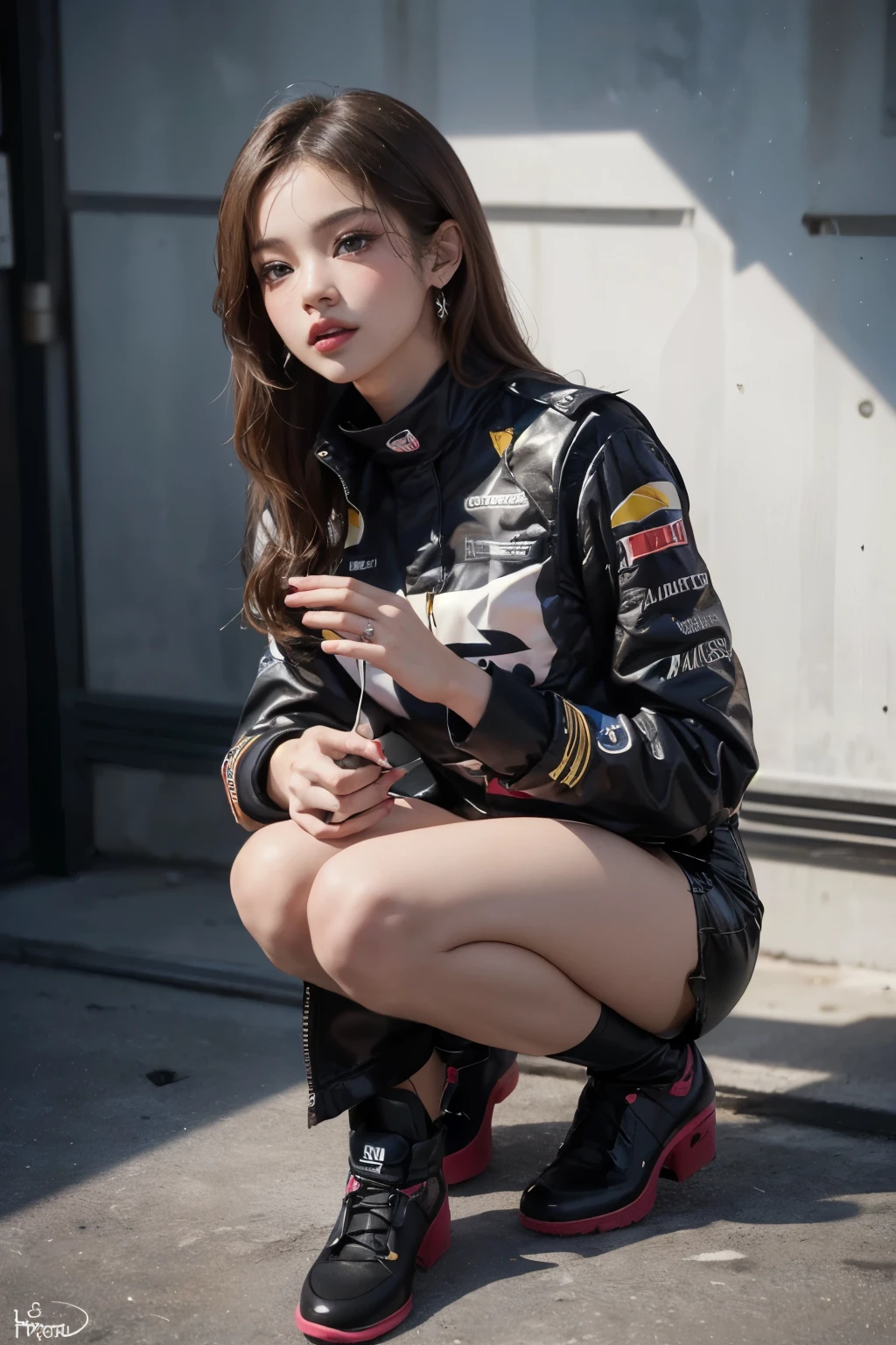 a 20 year old woman, rubio, (desvanecimiento alto:1.3), tema oscuro, tonos calmantes, Colores apagados, alto contraste, (textura natural de la piel, hyperrealism, Luz tenue, afilado), Formula One, piloto de carreras, Jennie de Blackpink