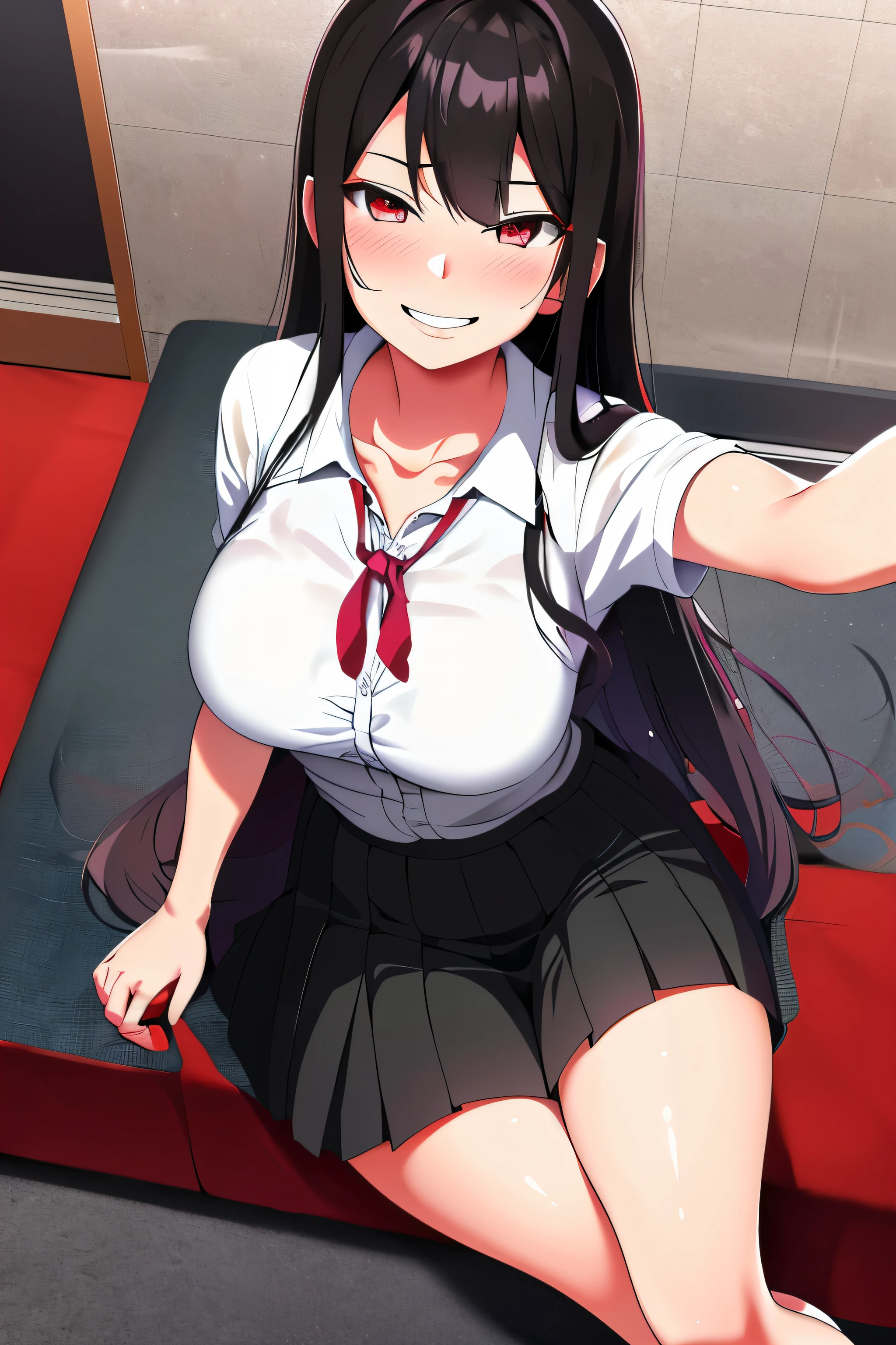 He sweats, full face blush,corruption,Red eyes,Radiant eye, Looking at the viewer, (happy, simper,arrogant, teeth,He smiles ),Heavy breathing,Age 18 years, Big breasts,black skirt,
Anime girl wearing a short skirt and white shirt taking a photo, Anime drawing by Jin Homura, com.pixiv, Shin Hanja, Seductive anime girl, Beautiful girl in high school anime, Smooth anime CG art, Anime girl with long hair, Ilya Kuvshinov with long hair, Realistic , Attractive anime girl