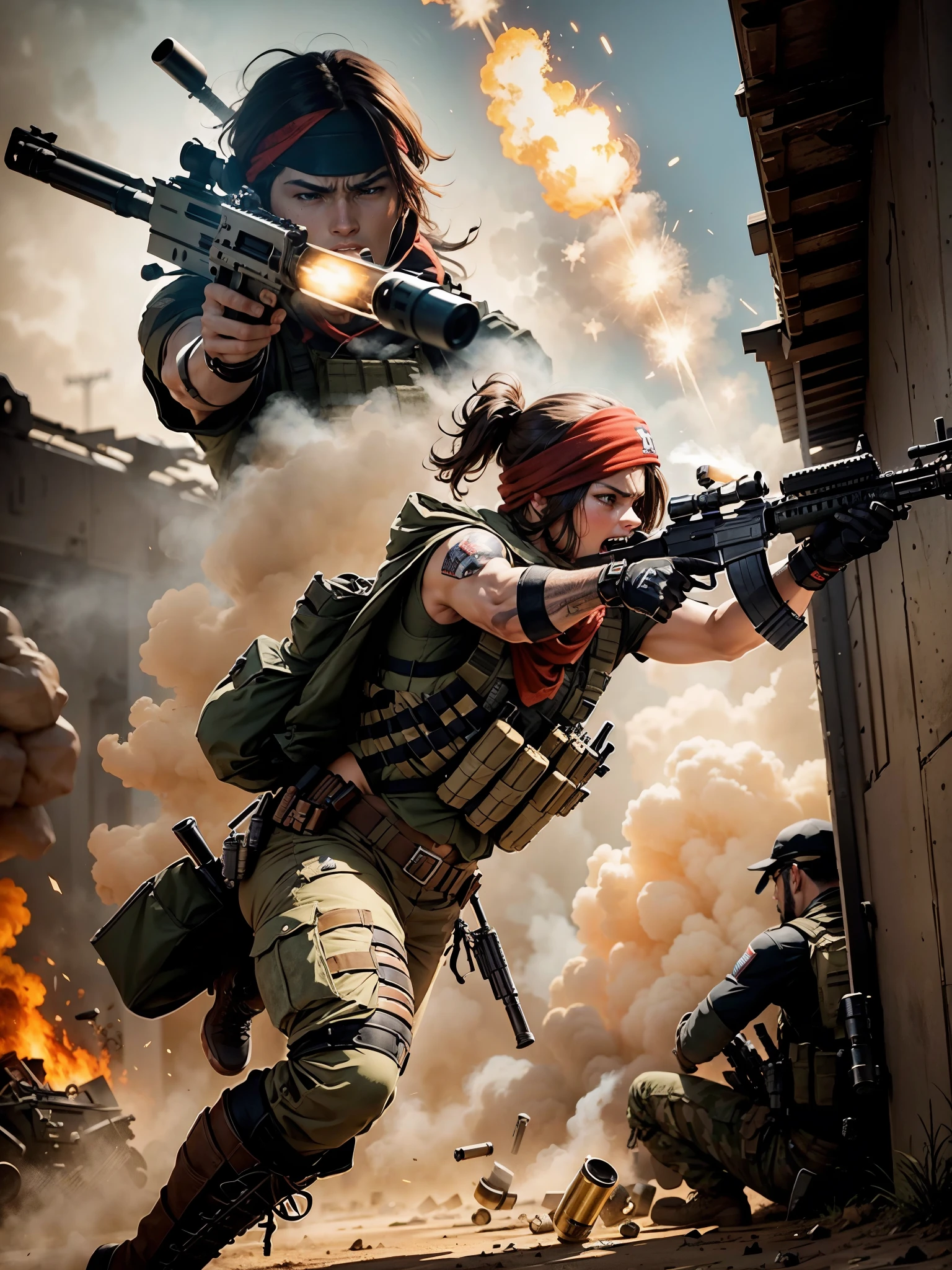 male focus, mercenary, bullet belt, combat boots, brown hair, red bandana, (aiming and firing an m4 carbine, muzzle flash, rifle shell casings), angry, screaming, war zone,