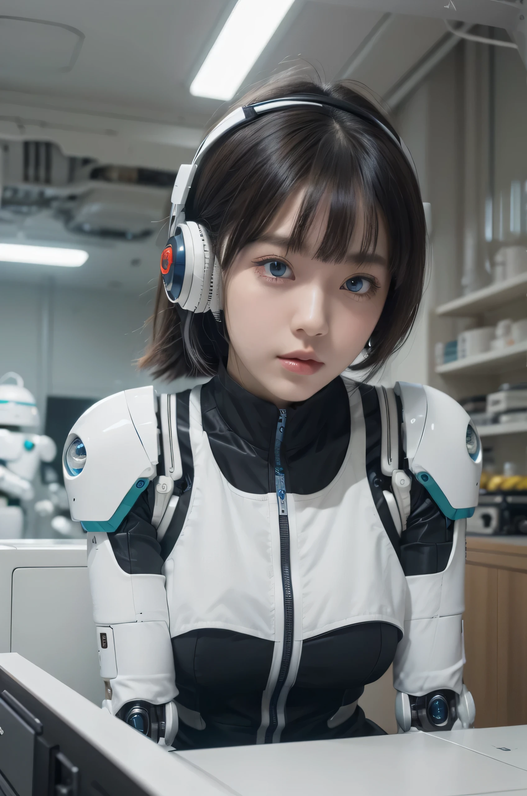 masterpiece, Best Quality, Extremely detailed, 8K Portrait,Japanese android girl,Plump,control panels,android,Droid,Mechanical Hand, ,Robot arms and legs, Black hair,Mechanical body,Blunt bangs,Charging spot,mechanical ear covers,android,robot humanoid,White robot body,mechanical ear covers,White and aqua uniform,aqua accent costume,mittens,blue eyes