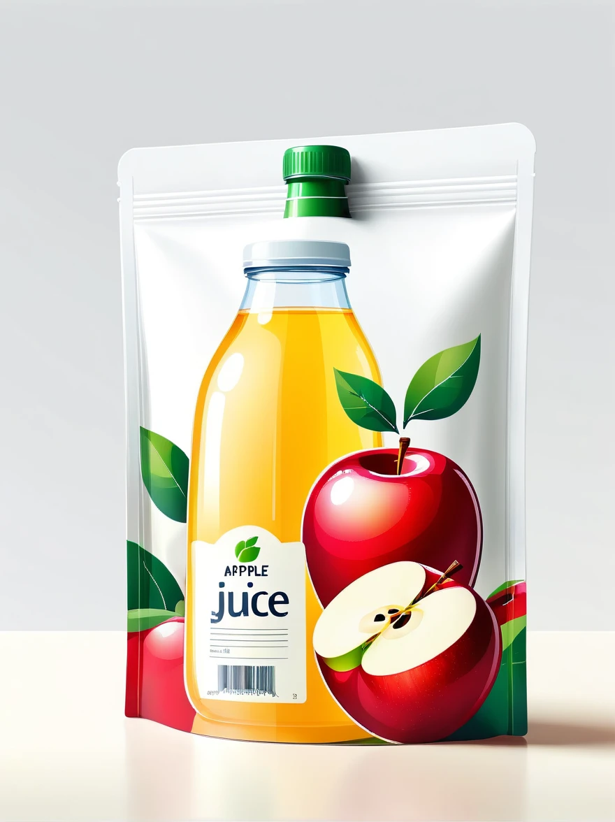 Modern packaging design, 1 apple juice product packaging bag,Flat style apple illustration,full of nutrition,Simple white background,HD resolution,simple style,actual,Natural light, Glossy plastic packaging bag