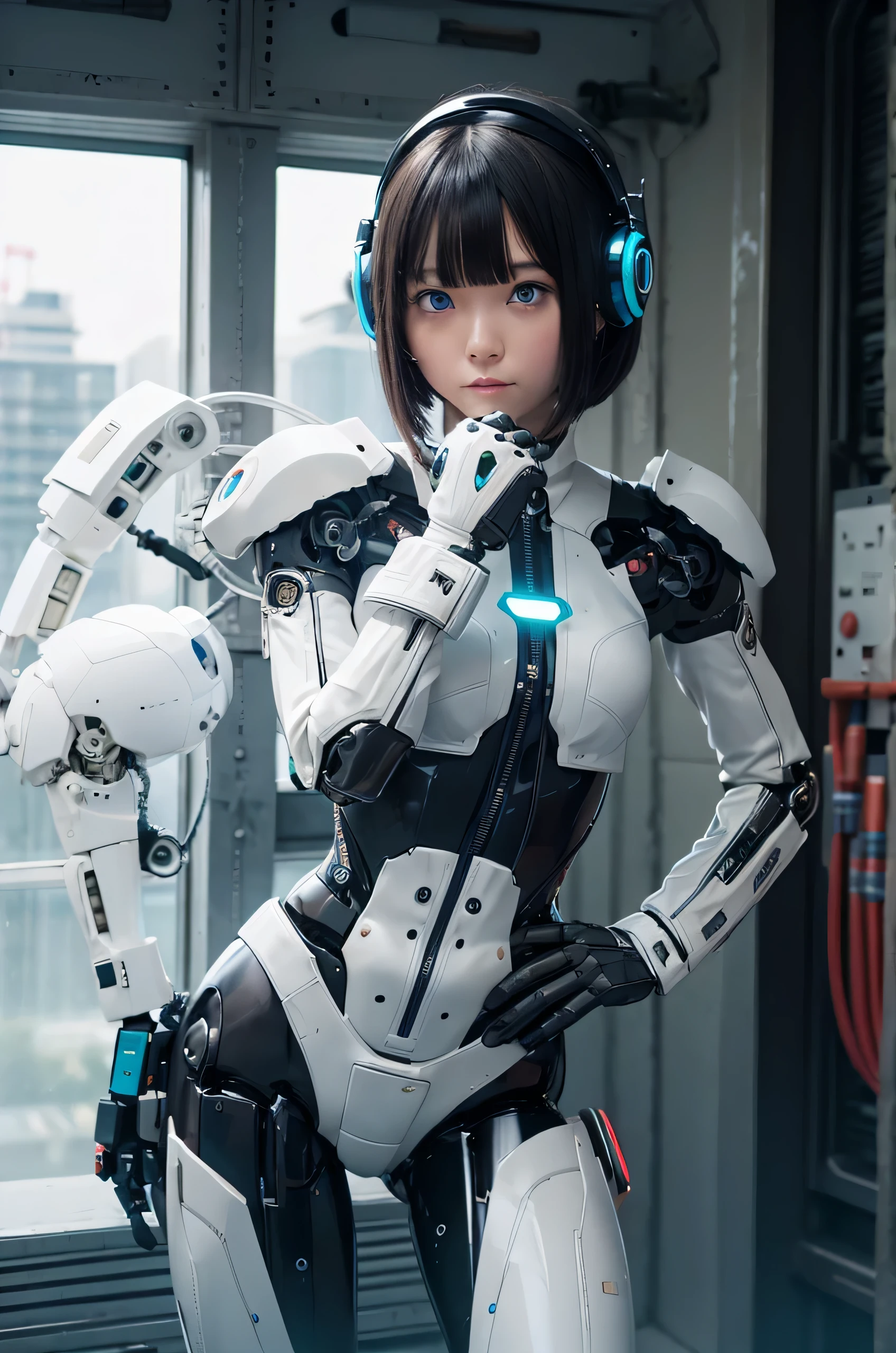 masterpiece, Best Quality, Extremely detailed, 8K Portrait,Japanese android girl,Plump,control panels,android,Droid,Mechanical Hand, ,Robot arms and legs, Black hair,Mechanical body,Blunt bangs,Charging spot,mechanical ear covers,android,robot humanoid,White robot body,mechanical ear covers,White and aqua uniform,aqua accent costume,mittens,blue eyes