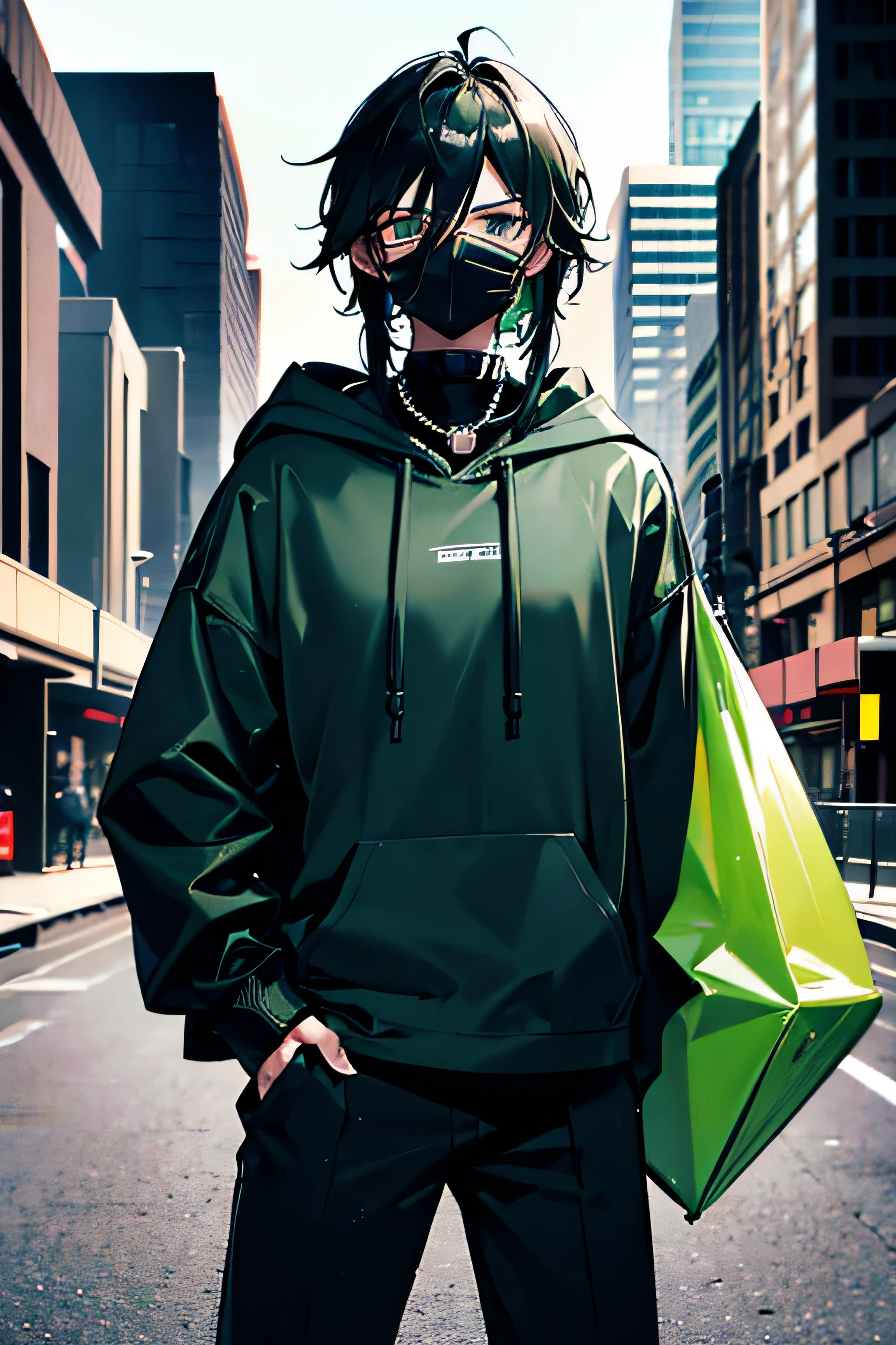 1man, extremely masculine, masculine features, very manly, shoulder length hair, black hair, green eyes, black hoodie with green accents, checkered black green pants, silver necklace, holding a hockey stick, hoodie over head, city, absurdres, high res, ultrasharp, 8k, masterpiece, looking at viewer, face mask