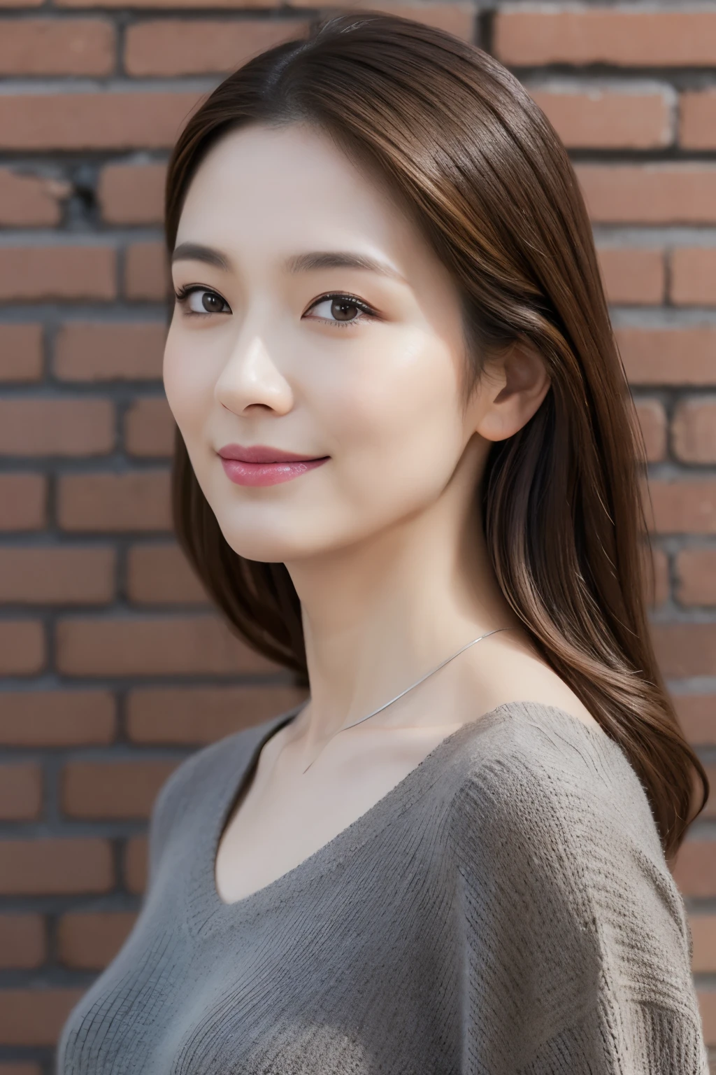 highest quality, 8K, masterpiece, Photoreal, realistic, 1 beautiful Japan woman, brick wall, slight smile, slim beauty, brown hair, Charcoal grey V-neck knit shirt, long skirt, thin silver necklace, super detailed eyes, ((facing forward)), (view audience)