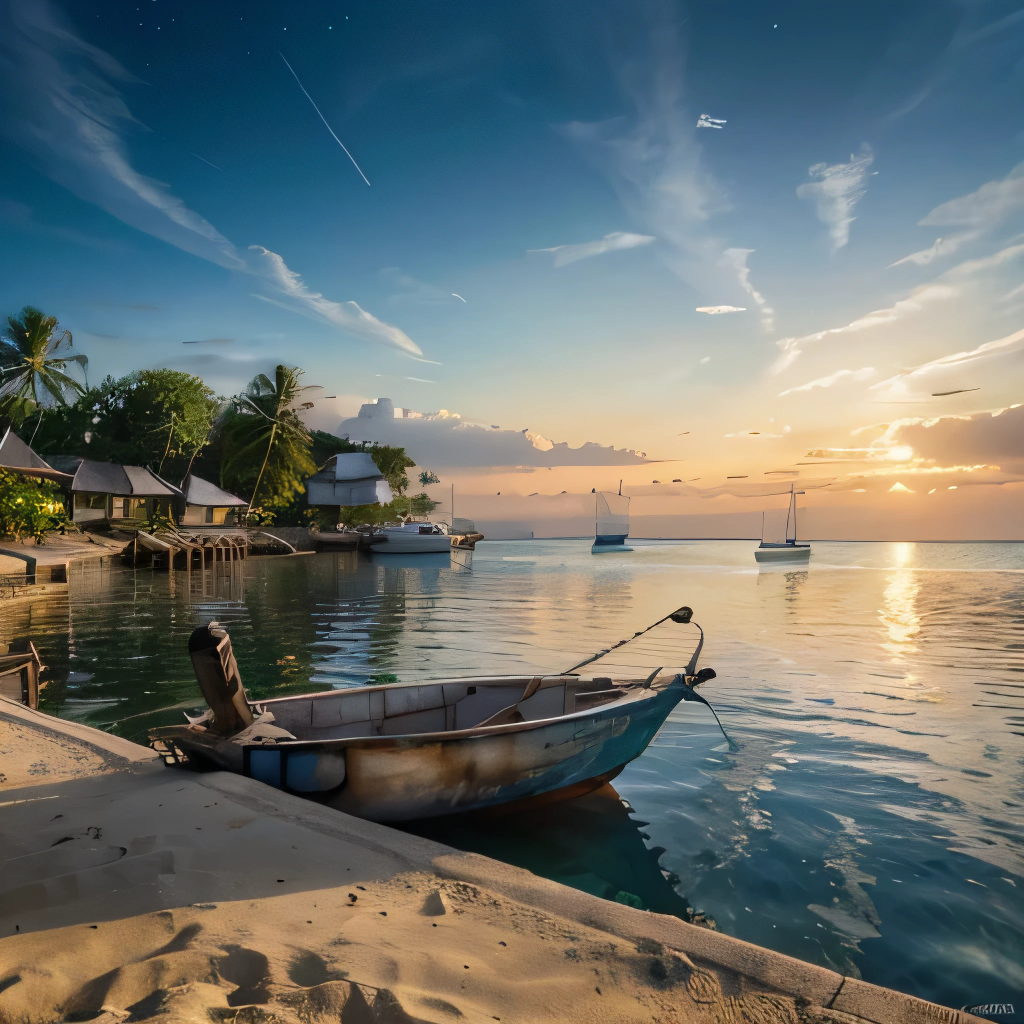 Hyperrealistic HDR UHD photo, 256k, white beach sand with a small boat on the water, with coconut tree at the beach, small malaysian fishing village, highly detailed, Jean-Baptiste Monge style, watercolor, Picturesque and colorful, ultra hd, soft colors, moon night view, vivid and vibrant, masterpiece, bokeh style, complex, ultra realistic,, Miki Asai Macro photography, close-up, hyper detailed, trending on artstation, sharp focus, studio photo, intricate details, highly detailed,