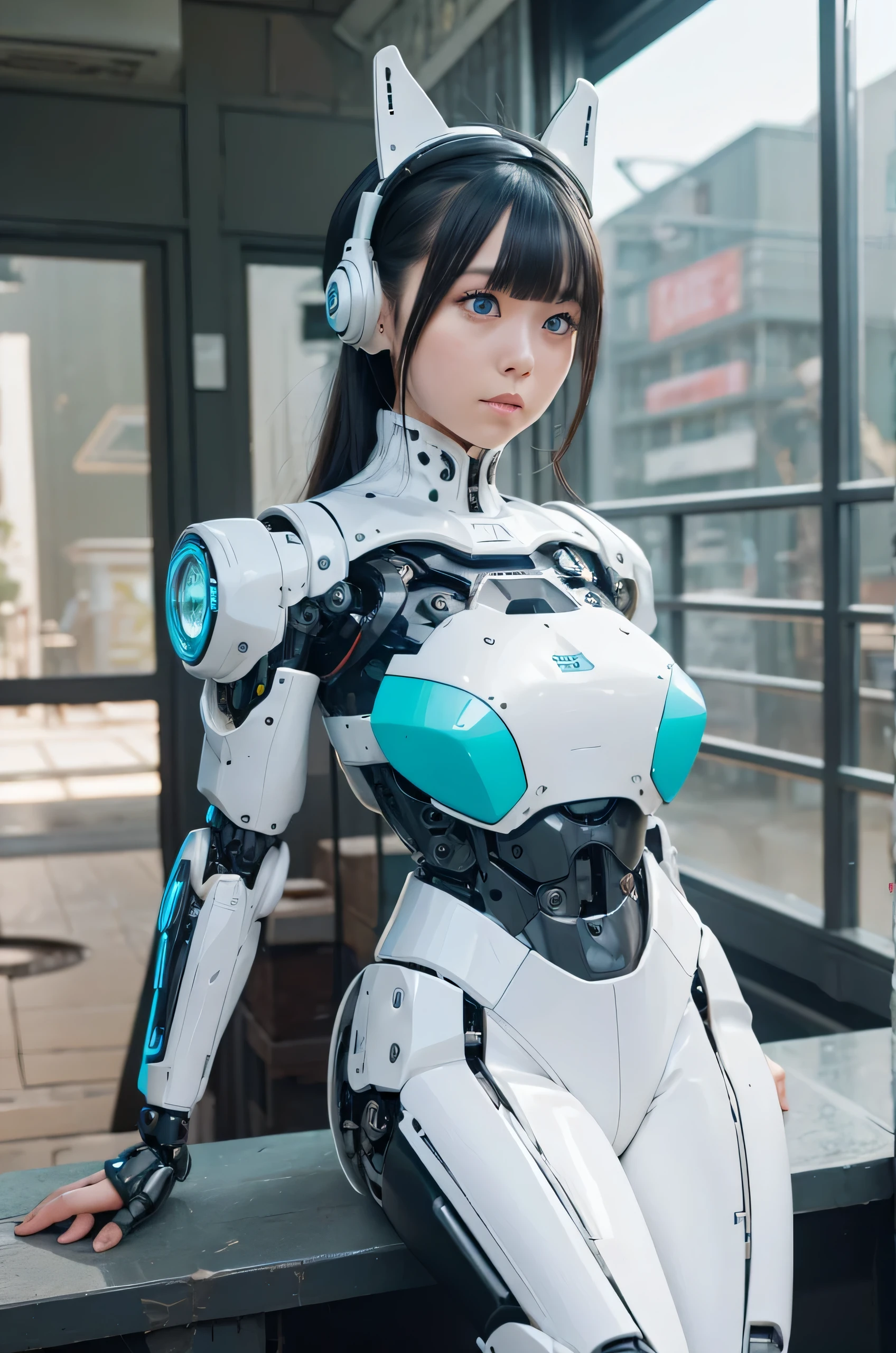 masterpiece, Best Quality, Extremely detailed, 8K Portrait,Japanese android girl,Plump,control panels,android,Droid,Mechanical Hand, ,Robot arms and legs, Black hair,Mechanical body,Blunt bangs,Charging spot,mechanical ear covers,android,robot humanoid,White robot body,mechanical ear covers,White and aqua uniform,aqua accent costume,mittens,blue eyes