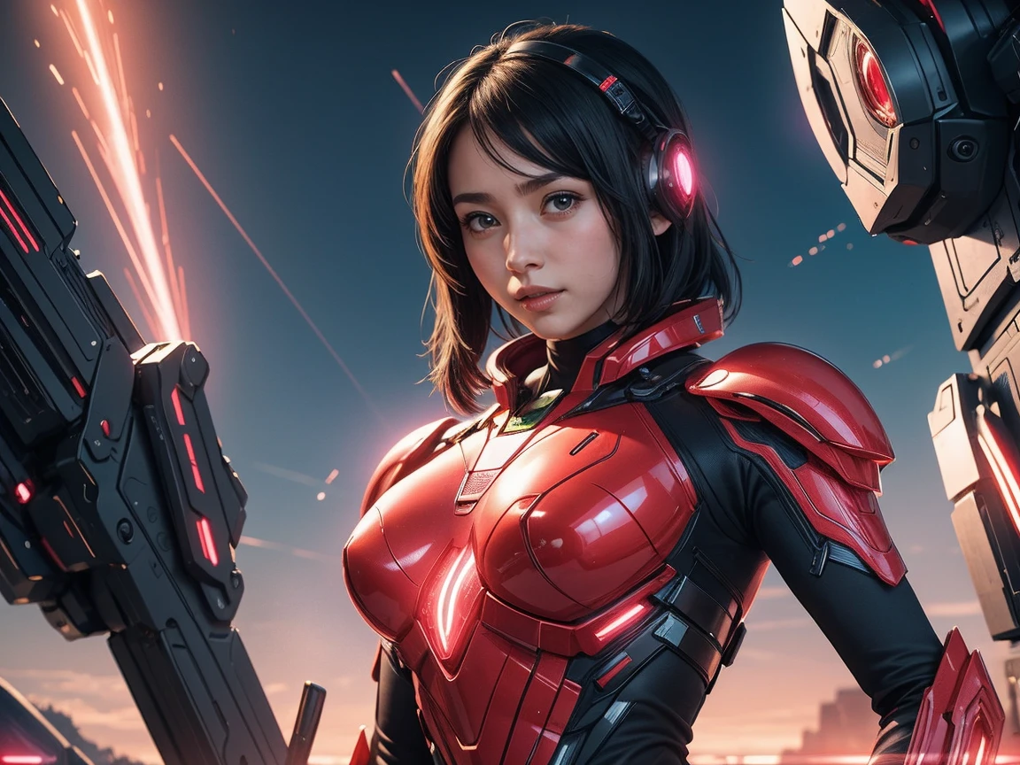 (Raw photo, highest quality), (realistic, Photoreal:1.3), 1 girl、realisticbody、strawberry battle suit costume、Meteor shower coming from space、Battle against reptilian aliens、shield and ray gun、smile