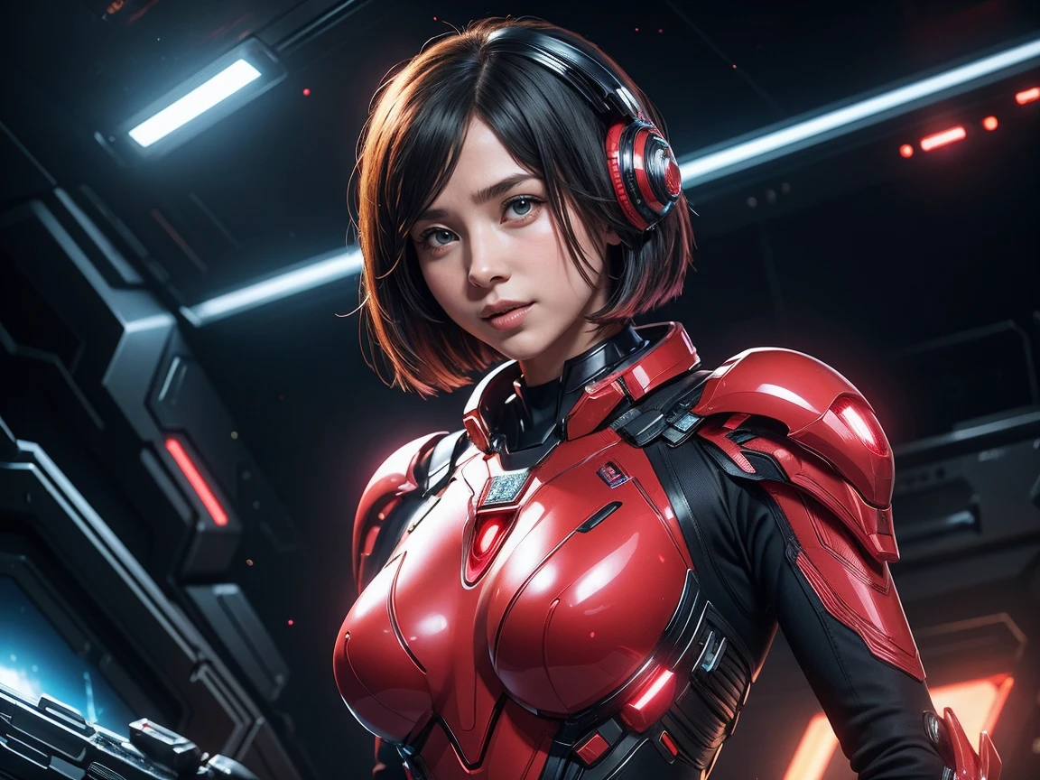 (Raw photo, highest quality), (realistic, Photoreal:1.3), 1 girl、realisticbody、strawberry battle suit costume、Meteor shower coming from space、Battle against reptilian aliens、shield and ray gun、smile