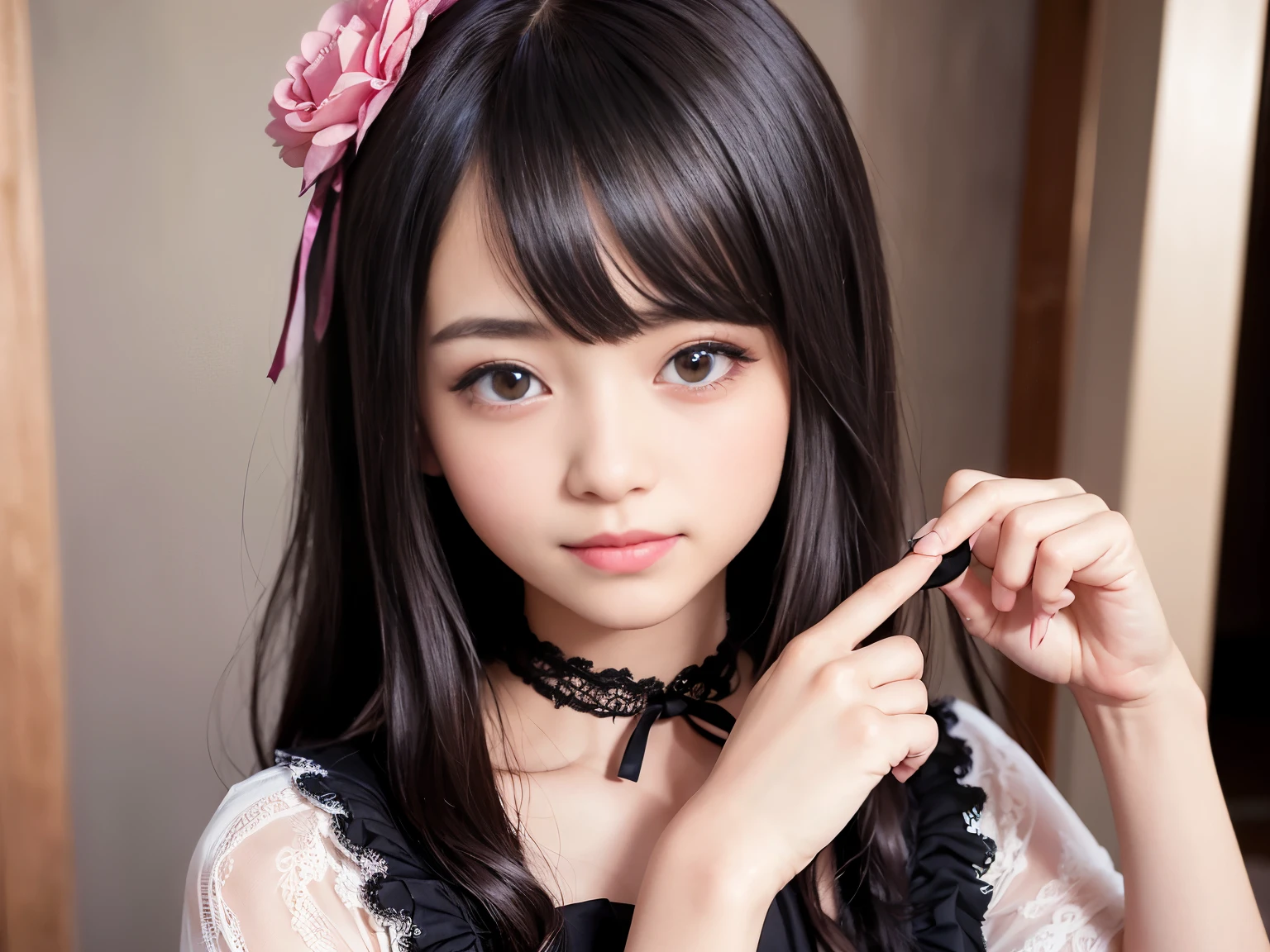 1 Nogizaka Musume、very cute、beautiful girl、、(gothic fashion)、beautiful face, Exquisite details of eyes and skin、thin black shiny hair、elegant pink ruffles、pink ruffle tie、Pink ribbon tie、pink hair scrunchie、(smile at the camera)、(cowboy shot)、(European Seas)、professional lighting、break、(realistic、Photoreal:1.37)、8K、(masterpiece)、(highest quality:1.4)、(ultra high resolution:1.2)、 (Raw photo:1.2)、(delicate lace、soft fabric、beautiful rose pattern dress)、perfect anatomy、4 fingers and 1 thumb、(Unity 8Kによる壁紙)