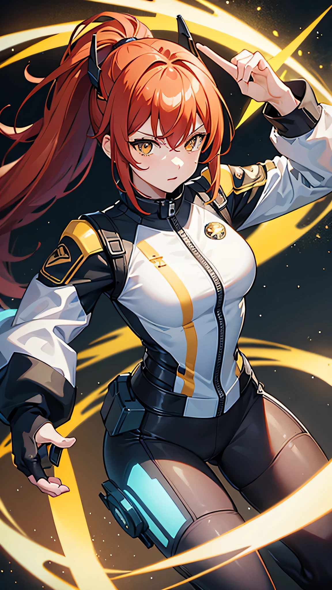 Generate an 8k anime-style image of a robot girl with a dynamic undercut hairstyle, the longer part dyed in fiery reds and oranges. Her piercing pilot yellow eyes are focused and determined. She dons a classic pilot jacket with cybernetic enhancements over a jumpsuit, ready for aerial combat. Behind her is the interior of a spaceship's cockpit, with a panoramic view of a space battle unfolding outside.