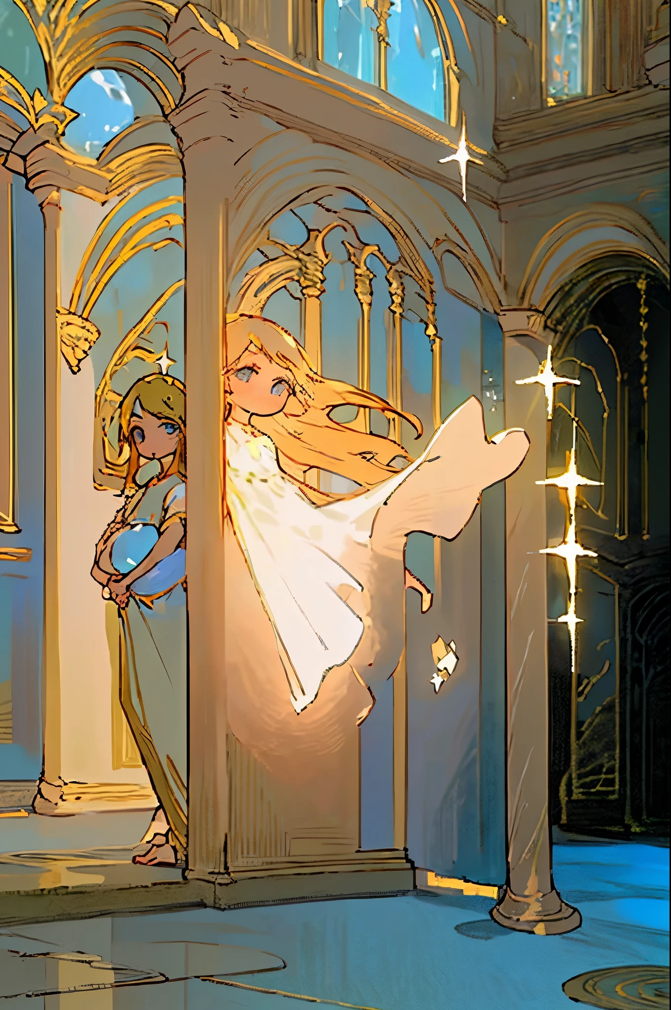 Masterpiece, High quality, 1 Girl, Athena goddess, Romanian woman, Beautiful, White dresses, light armoured costume, Lite blonde hair, shiny hair, sparkle eyes, serious face, innocent, pretty blue sparkle eyes, ((Hall theme)) 