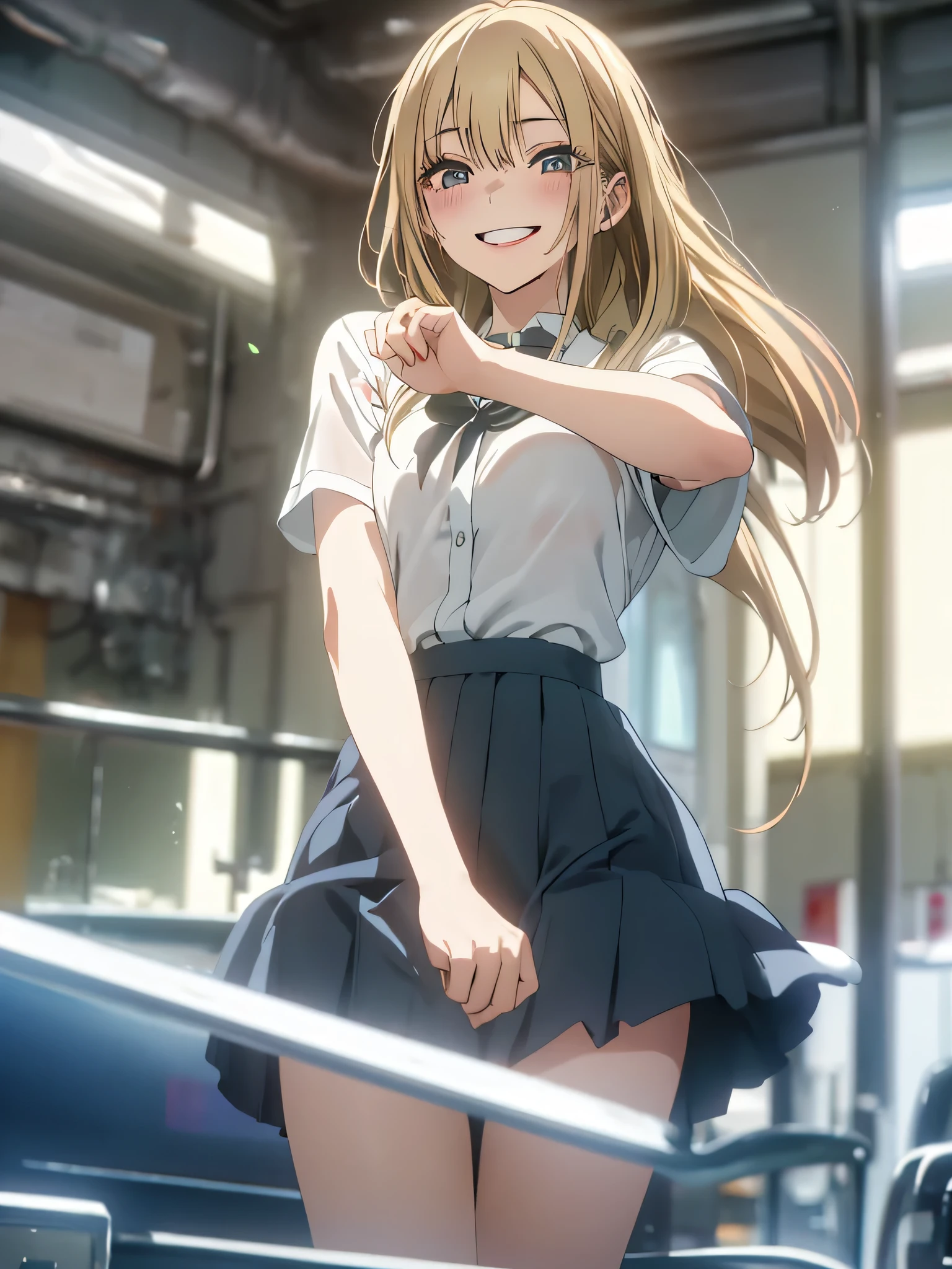 marin kitagawa, long hair, bangs, blonde hair,I&#39;I&#39;ll go with a smile、grin and laugh、The art style resembles an attractive anime style. About image quality, priority (highest quality, 4k, 8K, High resolution, body line１.2), Super detailed, and (realistic, realistic, Photoreal:1.37) ,yoga poses.Ultra-fine painting, sharp focus, Physically based rendering, extreme details, Professional, bright colors,There is an ocean behind、black long skirt、A slightly see-through white shirt、big 、rainbow colored sea of fur
