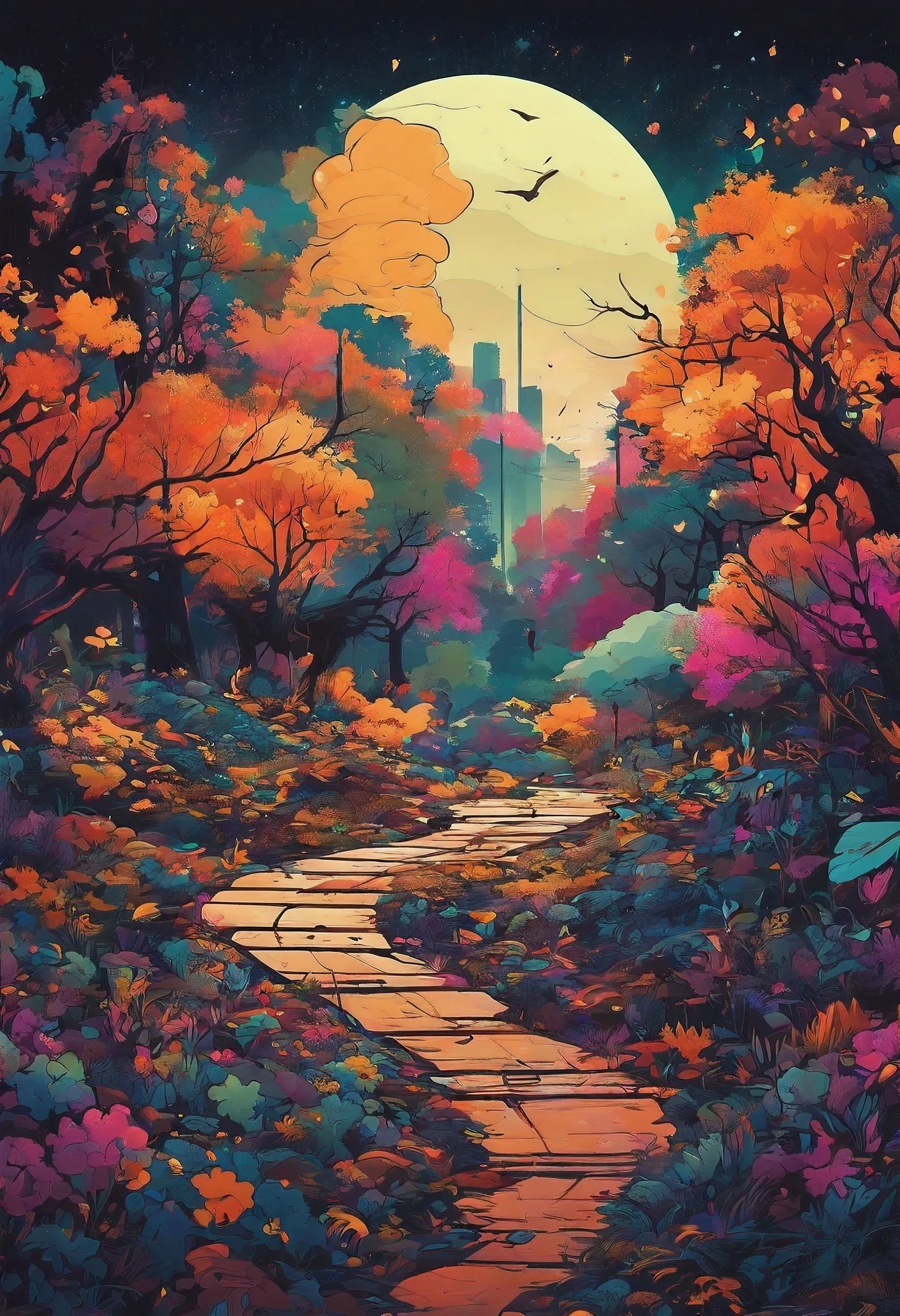 en el bosque,el fondo es la noche,The sky is full of stars,borgar,Digital landscape art, detailed landscape —width 672, obra de arte del paisaje, Environment design illustration, arte del paisaje detallado, Coches de carretera, arte conceptual, Arte digital 4k muy detallado, pintura digital 4k, pintura digital 4k, awesome digital illustration, fondo del bosque, arte conceptual de pintura digital, pintura digital detallada