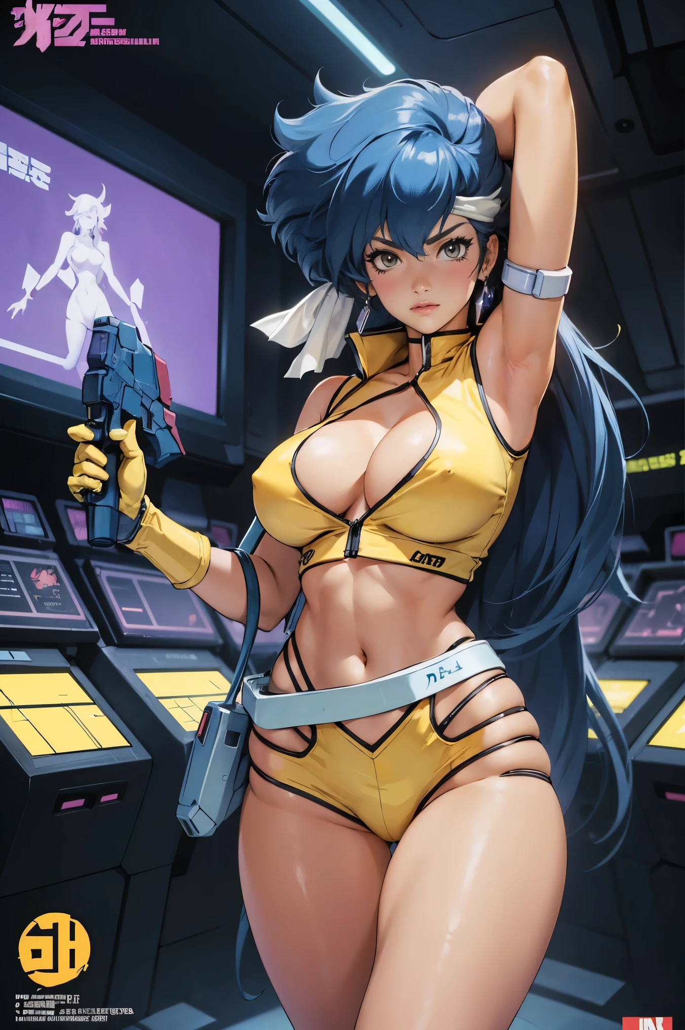 Yuri from The Dirty Pair, , wearing a tight outfit, skimpy, medium breast, (long hair), dark blue hair, long smooth hair, beauty, cyberpunk city background, holding retro space-gun, cleavage, slim waist, slim thighs, thigh gap, (light yellow uniform), show belly