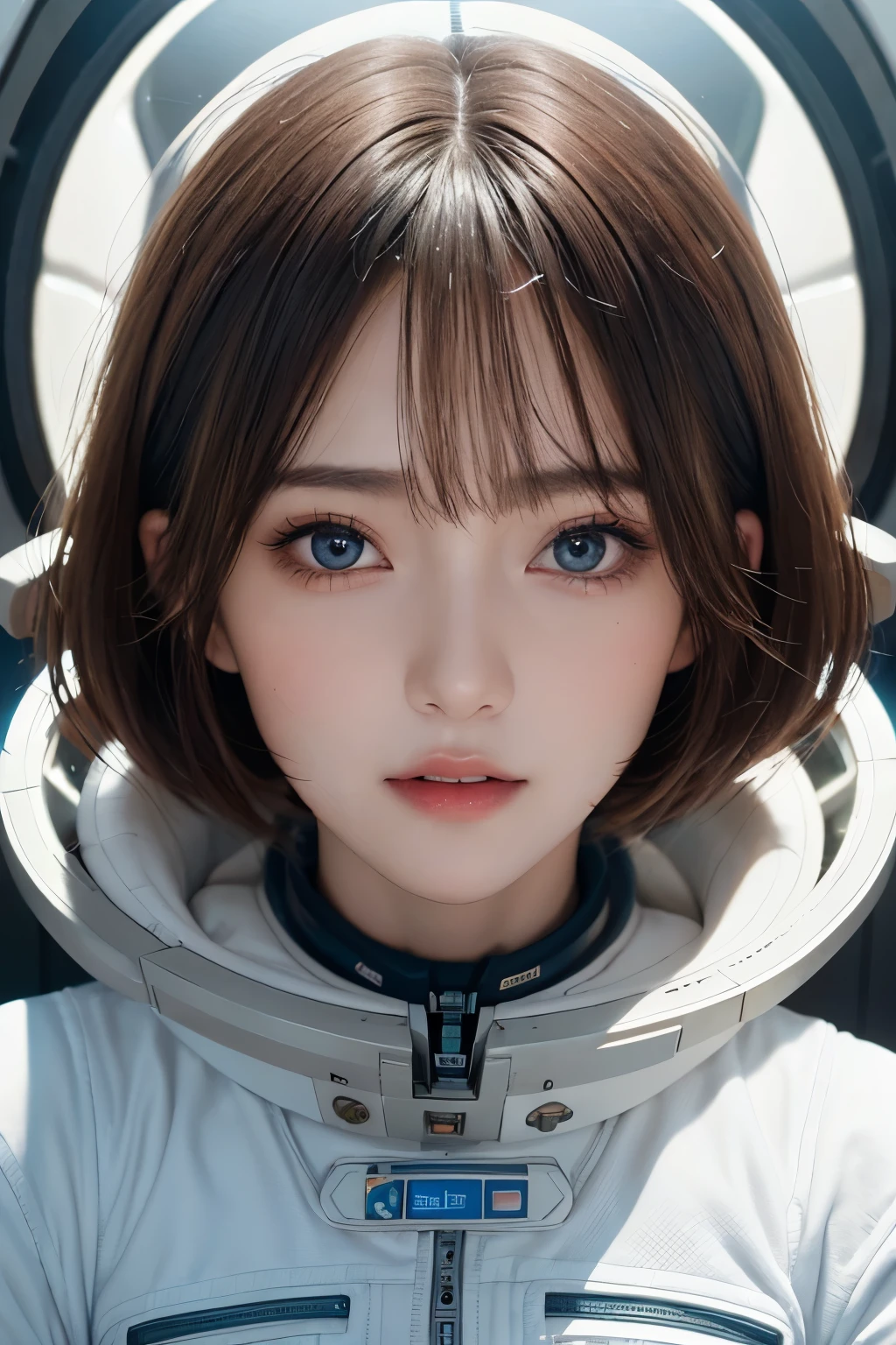 highest quality、masterpiece、ultra high resolution、(real:1.4)、Beautiful woman１、Beautiful details of eyes and skin、light brown short cut hair、small smile、latest space suit、space station、spaceship、Remains、cloudy sky、