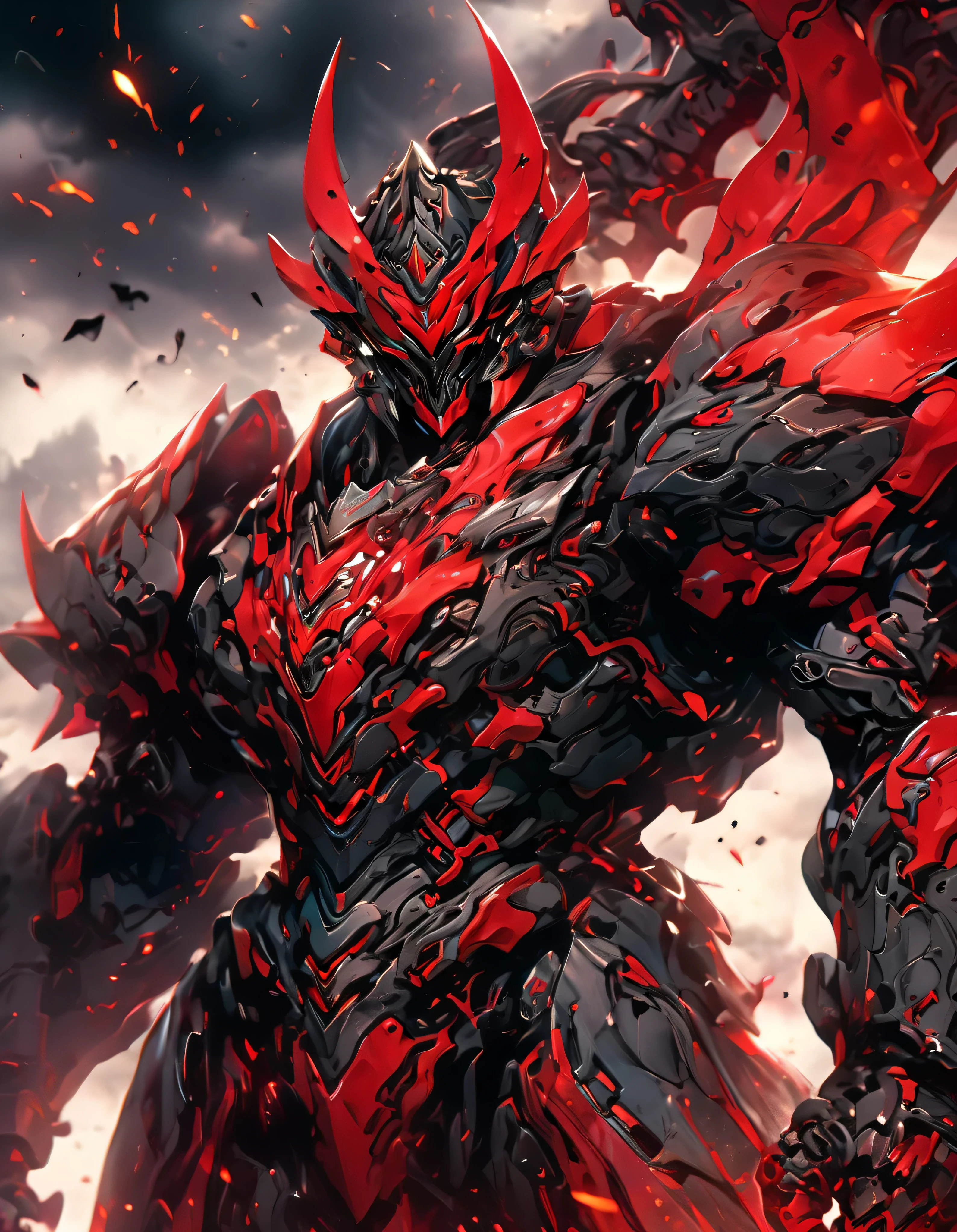 ((masterpiece)), ((best quality)), 8k, high detailed, ultra-detailed, A cool mecha wearing a V-shaped helmet, dressed in a red and black glowing mech suit, wielding a red glowing long sword, striking a combat pose. In the background, there is a elusive monster lurking in the smoky atmosphere