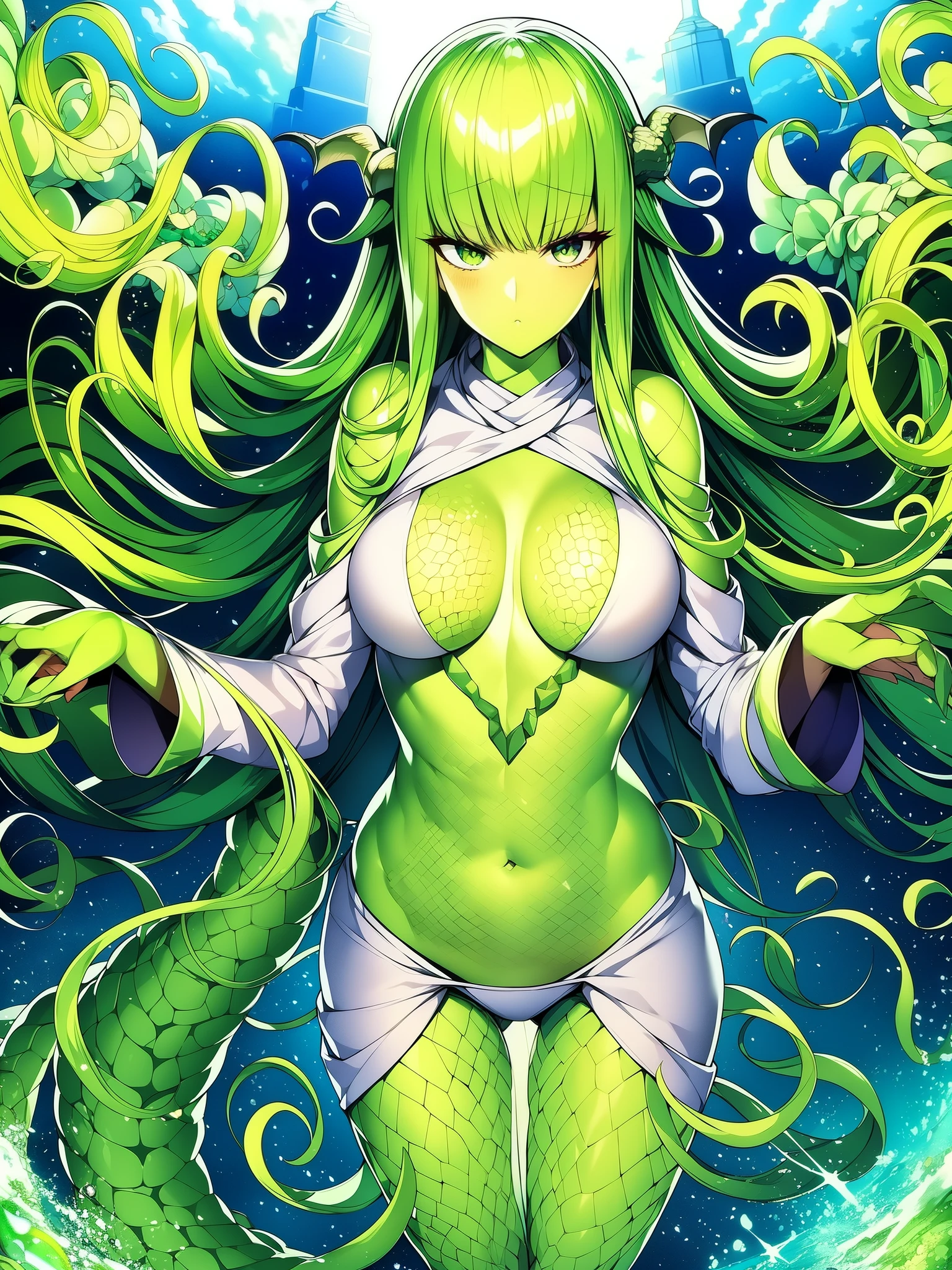アニメのmonster girl、monster girl、white clothes、Close-up of anime characters。full body art、Lovecraft's Secretary from Another World、hot reptilian humanoid woman、monster girl、Lucio as a woman