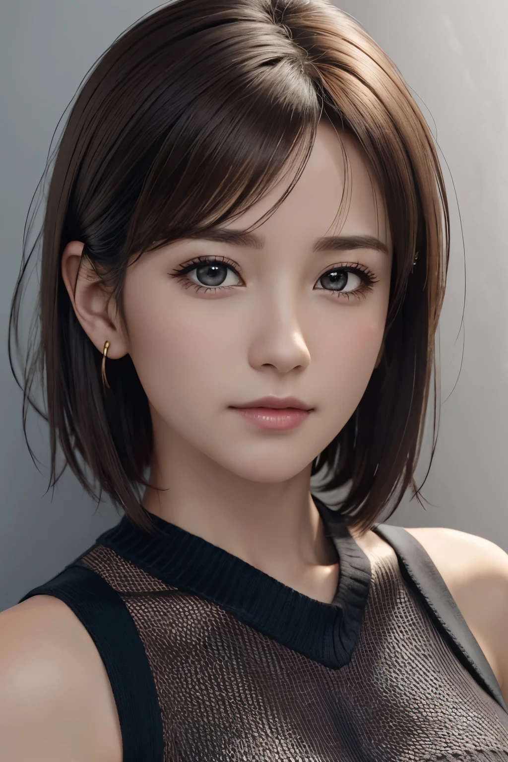 (Representative works: 1.3), (8K, realistic, RAW photo, best image quality: 1.4), (30 year old mature woman),small face, beautiful face, (realistic face),no makeup、natural makeup、light makeup、 (Dark brown, short hair: 1.3), beautiful hairstyle, realistic eyes, detailed and beautiful eyes, (realistic肌), beautiful skin, (sweater),、bust B cup、 confused, charm, 超High resolution, Super realistic, High resolution, golden ratio, ff tifa、gray background、