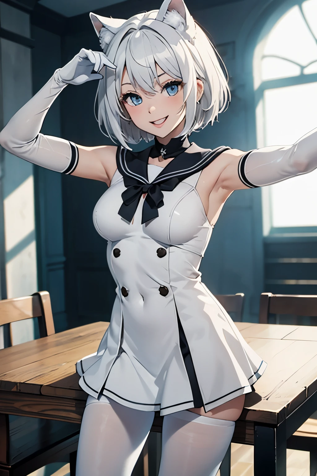 table top High level image quality best image quality 8K adult woman whole body portrait pure white long gloves(elbow gloves) pure white pantyhose sailor suit(sleeveless) mini skirt white wolf ears short hair((shortcut)(gray hair)(perm)(fluffy)) eye color is blue attractive face((laughter)(smile)(open your mouth)) stretch your arms side look forward to sexy pose
