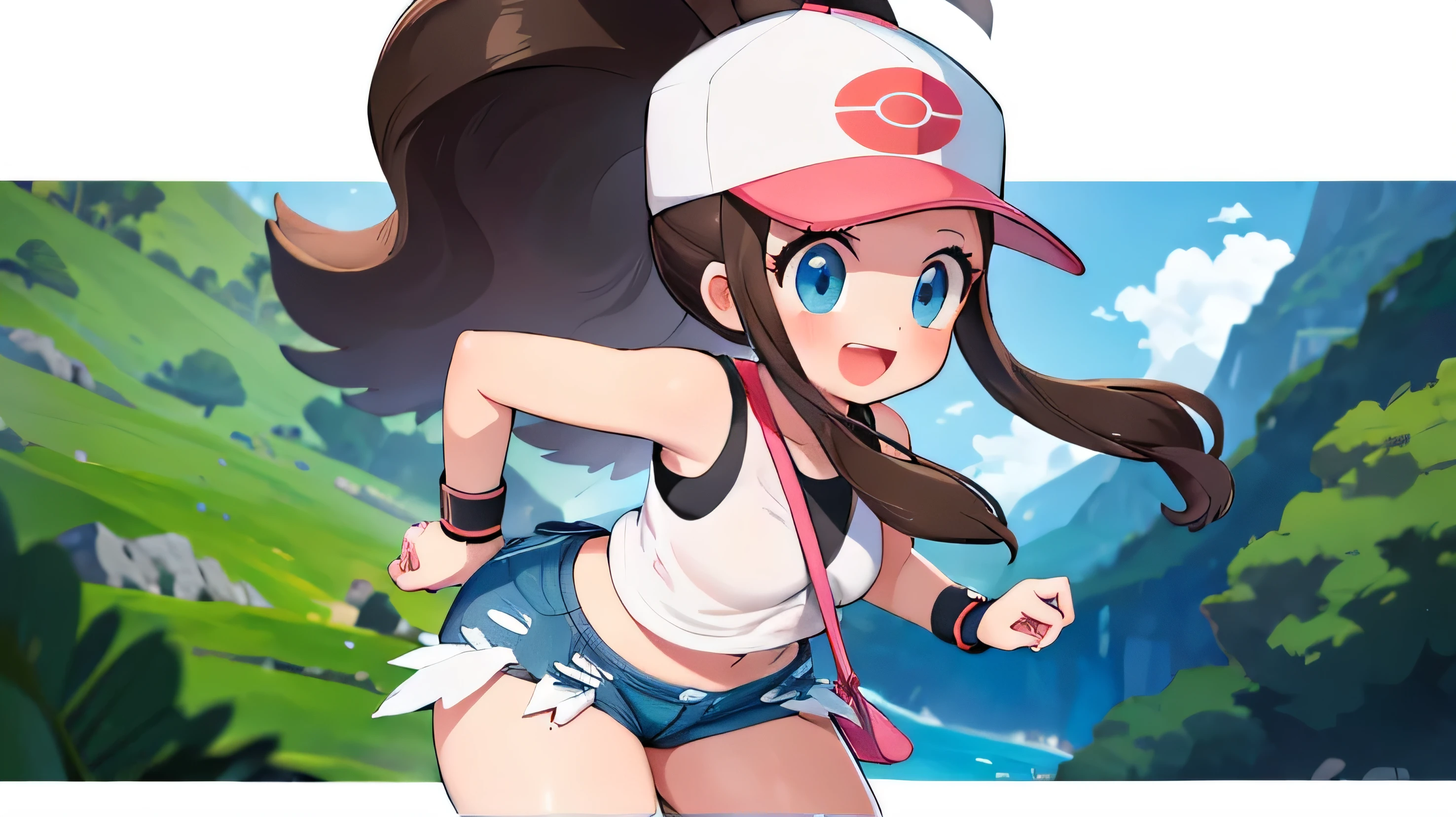 (Masterpiece, Best Quality, detailed), 1 girl, Alone, looking at the viewer, pokemon hilda, High ponytail, wide, Blue eyes, baseball cap, vest, denim shorts, White shirt, small breasts, Short shorts, sleeveless shirt, black vest open, wristband, outdoor, forest, nature, Grass, tree, flower, move, evening, Dark, arms outstretched, SMILE, Open mouth, happy, waving with hand, Five fingers, mark nipple