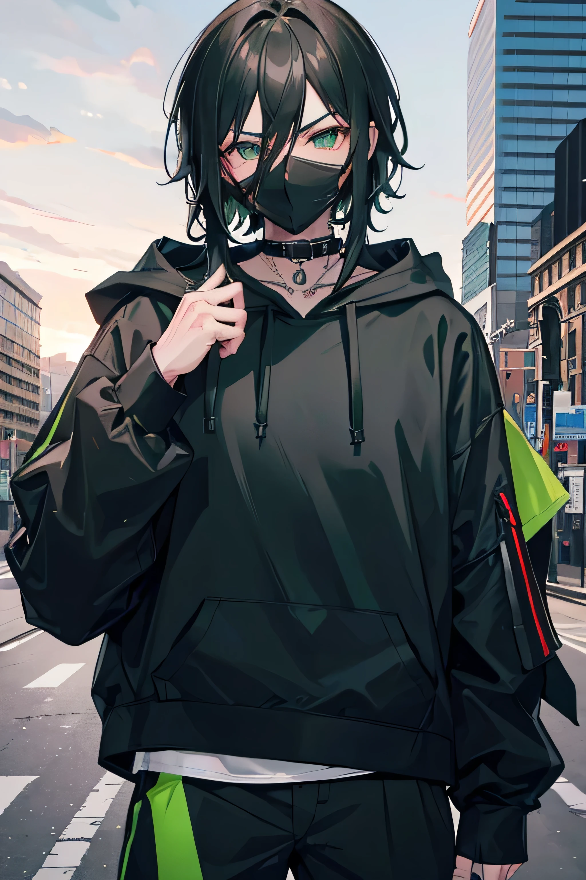 1man, extremely masculine, masculine features, very manly, shoulder length hair, black hair, green eyes, black hoodie with green accents, checkered black green pants, silver necklace, holding a hockey stick, hoodie over head, city, absurdres, high res, ultrasharp, 8k, masterpiece, looking at viewer, face mask
