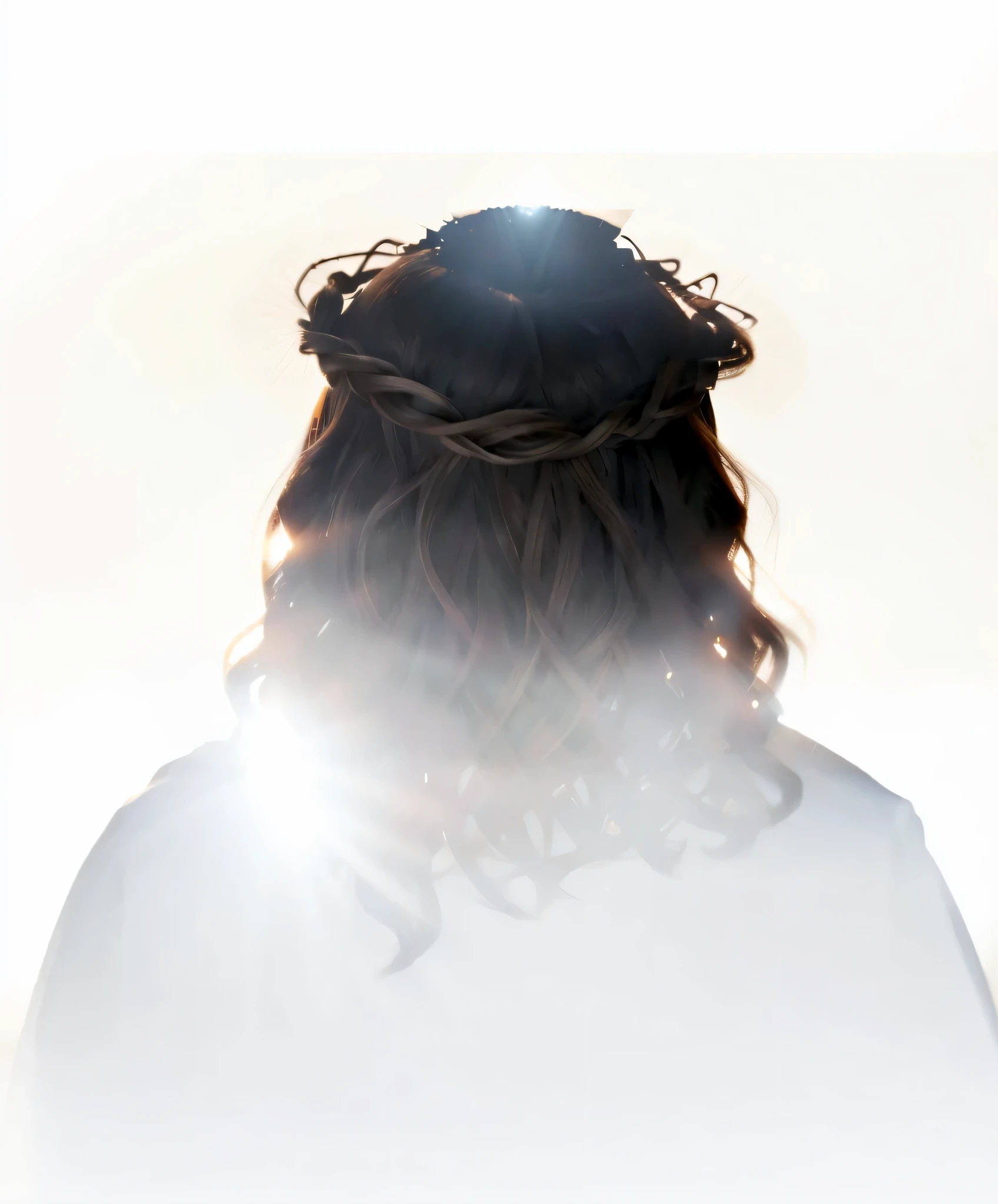 a close up of a person with a crown of hair, glowing halo above his head, shadow of the cross, holy halo, halo above head, halo over her head, face obscured, eerie person silhouette, crown of thorns, jesus christ, jesus face, with a halo of unkempt hair, holy light halo, wearing angel halo covered face